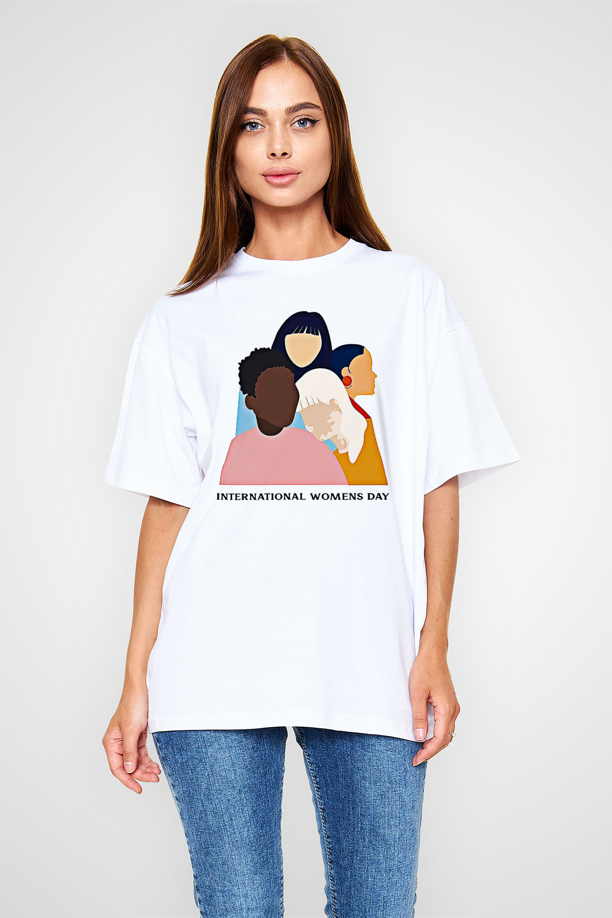 Kadınlar Günü Baskılı Beyaz Unisex Oversize Tişört - Tshirt