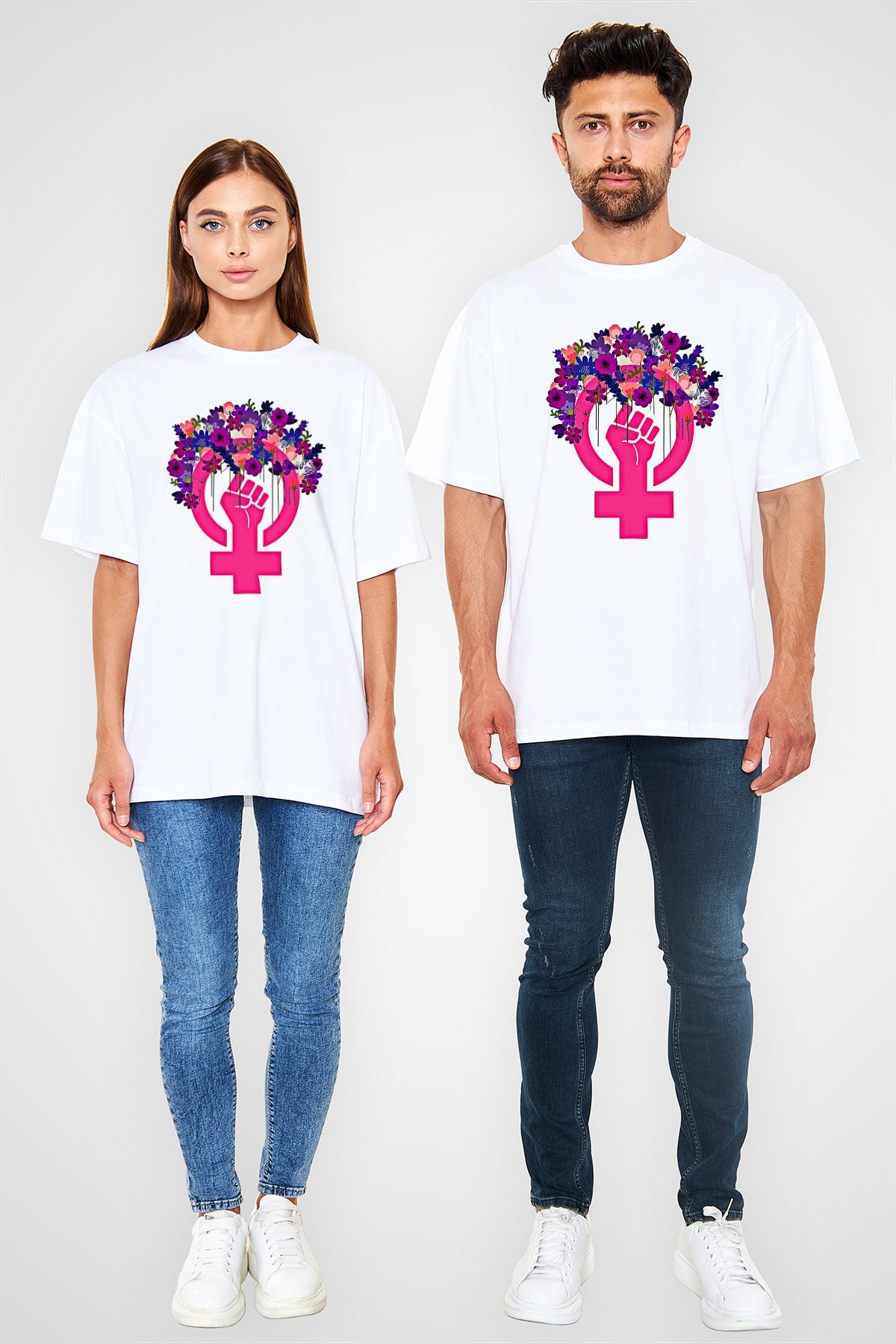Kadınlar Günü Baskılı Beyaz Unisex Oversize Tişört - Tshirt
