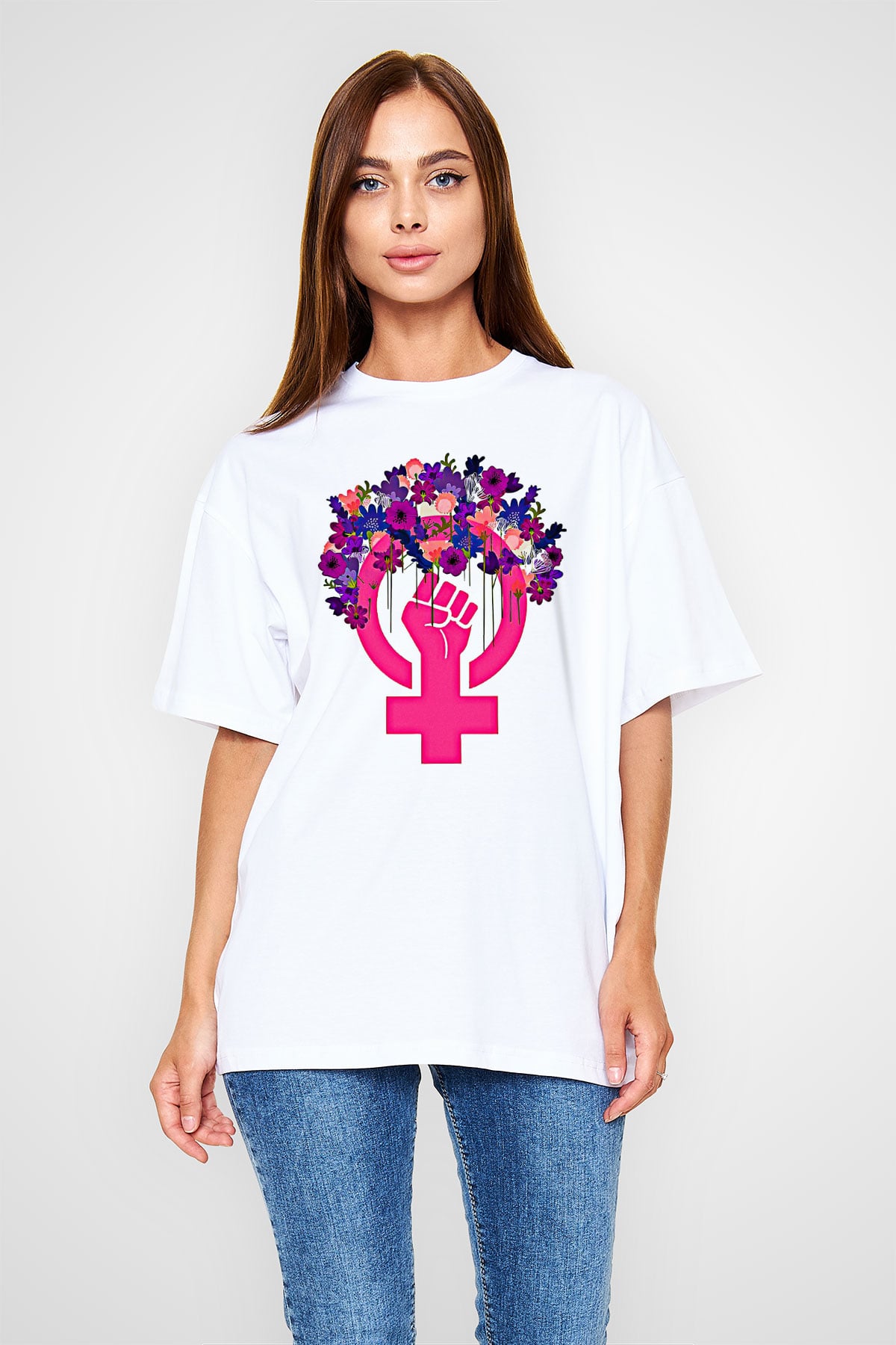 Kadınlar Günü Baskılı Beyaz Unisex Oversize Tişört - Tshirt