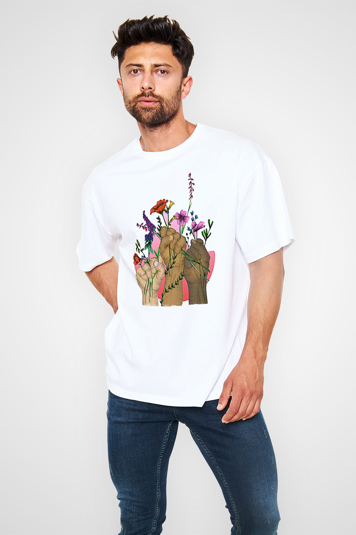Kadınlar Günü Baskılı Beyaz Unisex Oversize Tişört - Tshirt
