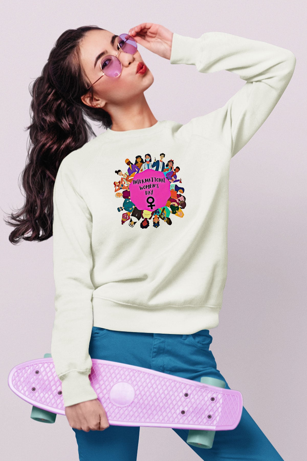Kadınlar Günü Baskılı Beyaz Unisex Sweatshirt