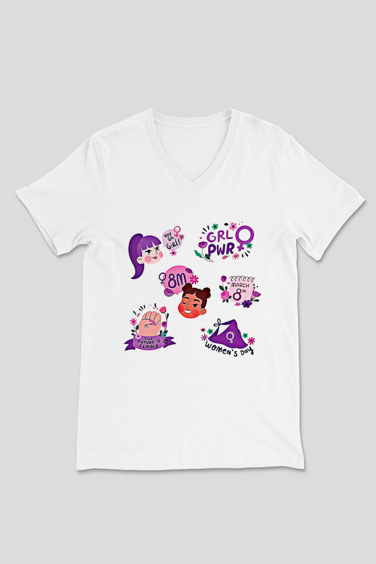 Kadınlar Günü Baskılı Beyaz Unisex V Yaka Tişört - Tshirt