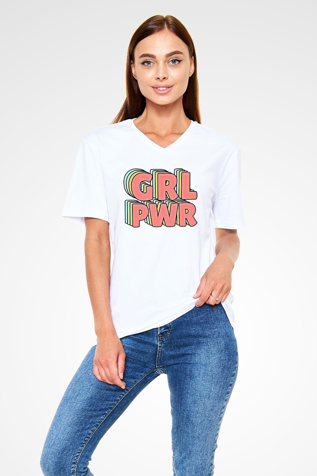 Kadınlar Günü Baskılı Beyaz Unisex V Yaka Tişört - Tshirt