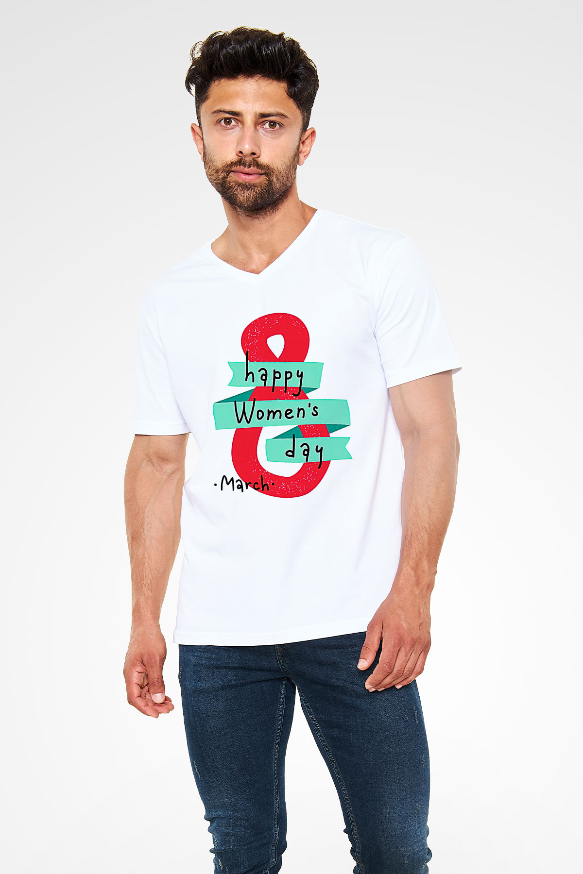 Kadınlar Günü Baskılı Beyaz Unisex V Yaka Tişört - Tshirt