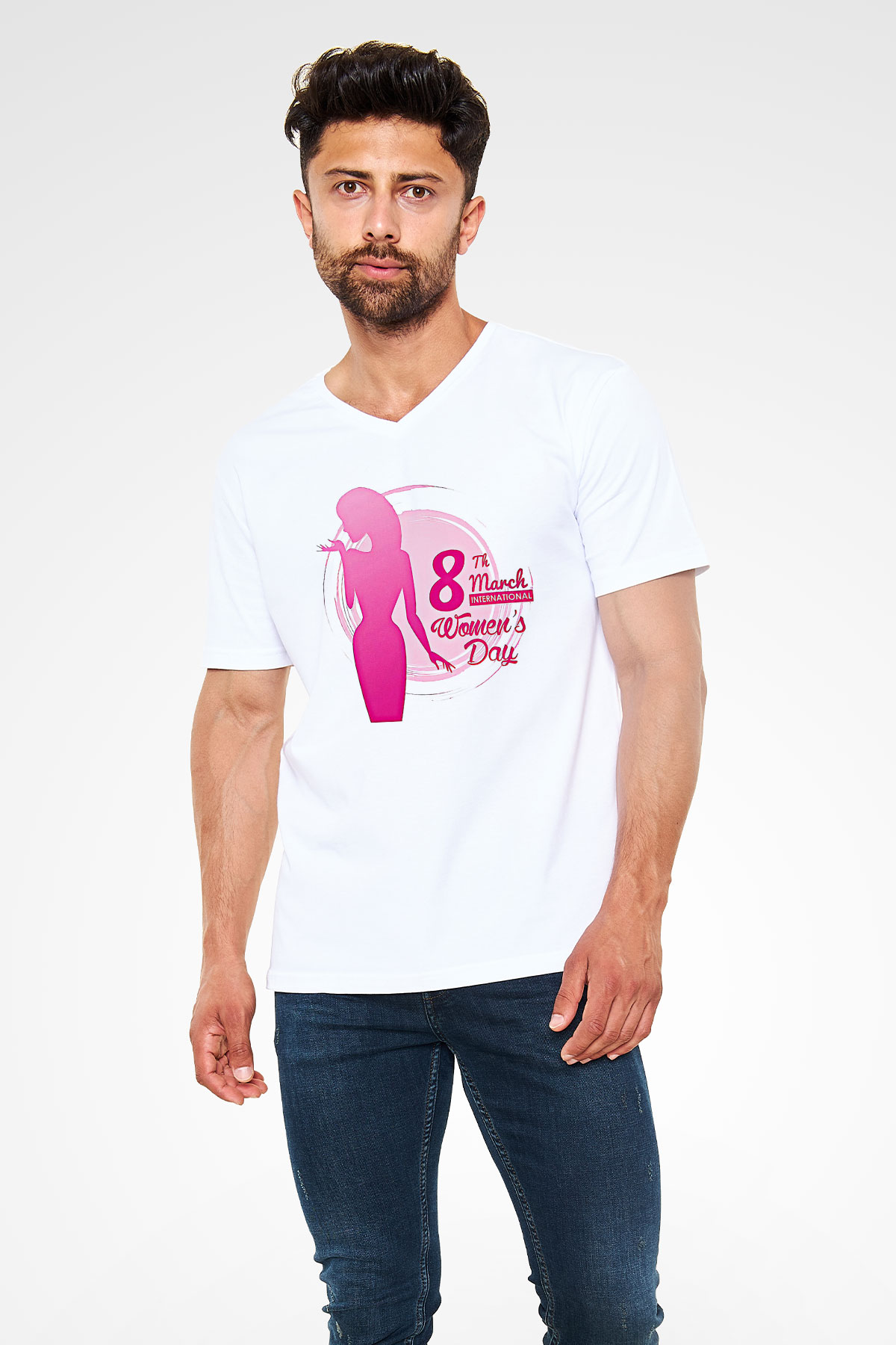 Kadınlar Günü Baskılı Beyaz Unisex V Yaka Tişört - Tshirt
