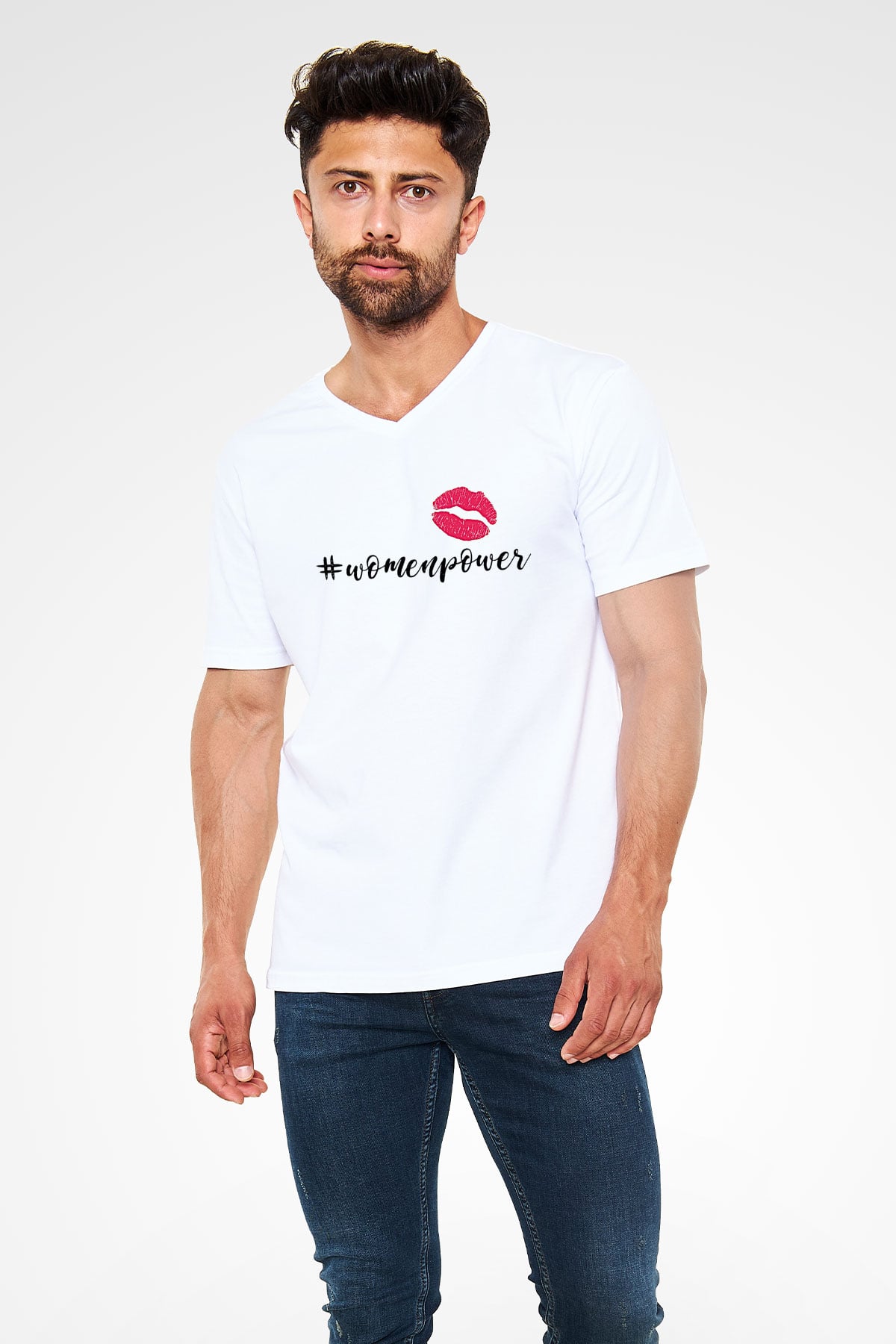 Kadınlar Günü Baskılı Beyaz Unisex V Yaka Tişört - Tshirt