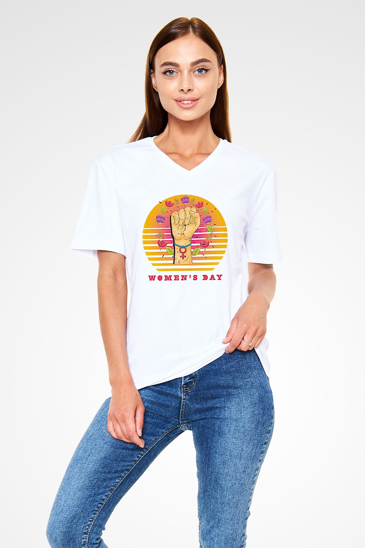 Kadınlar Günü Baskılı Beyaz Unisex V Yaka Tişört - Tshirt