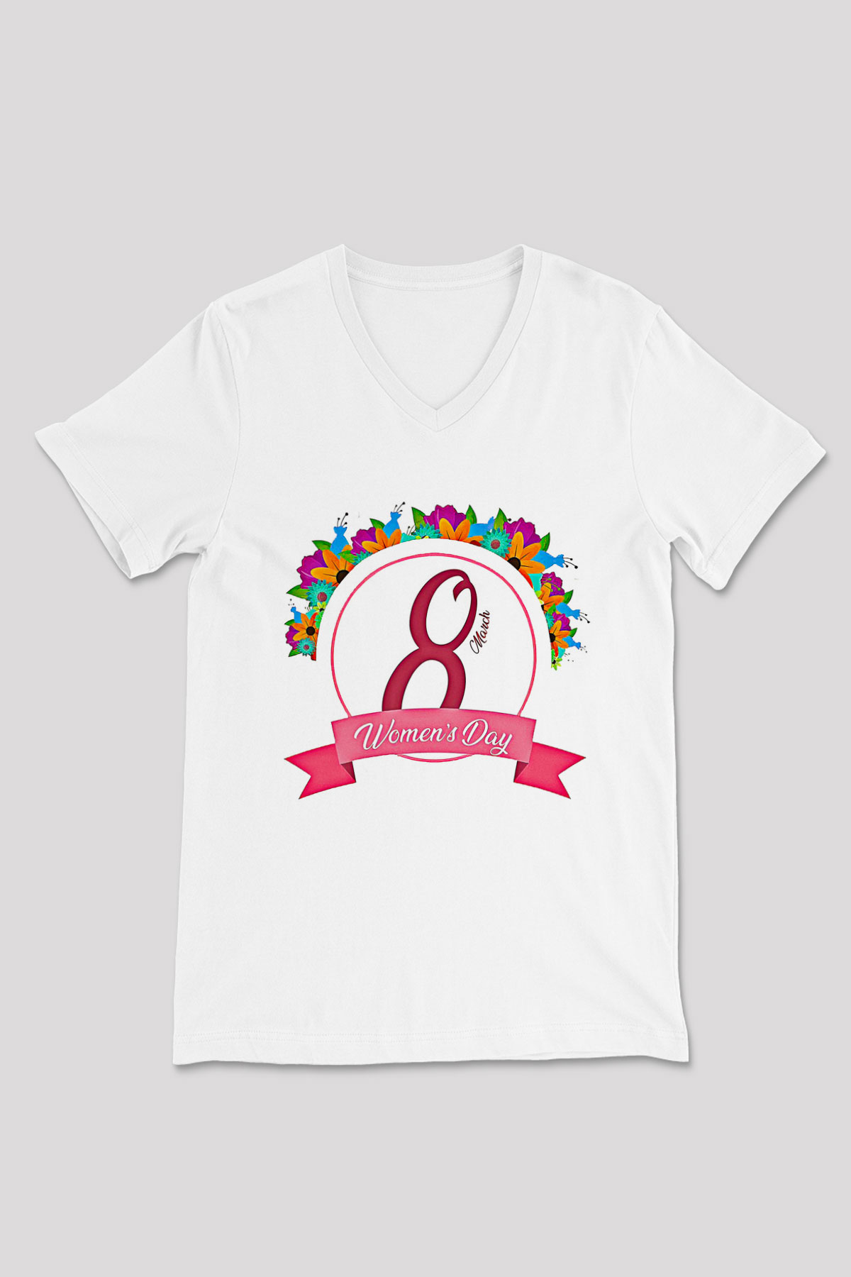 Kadınlar Günü Baskılı Beyaz Unisex V Yaka Tişört - Tshirt