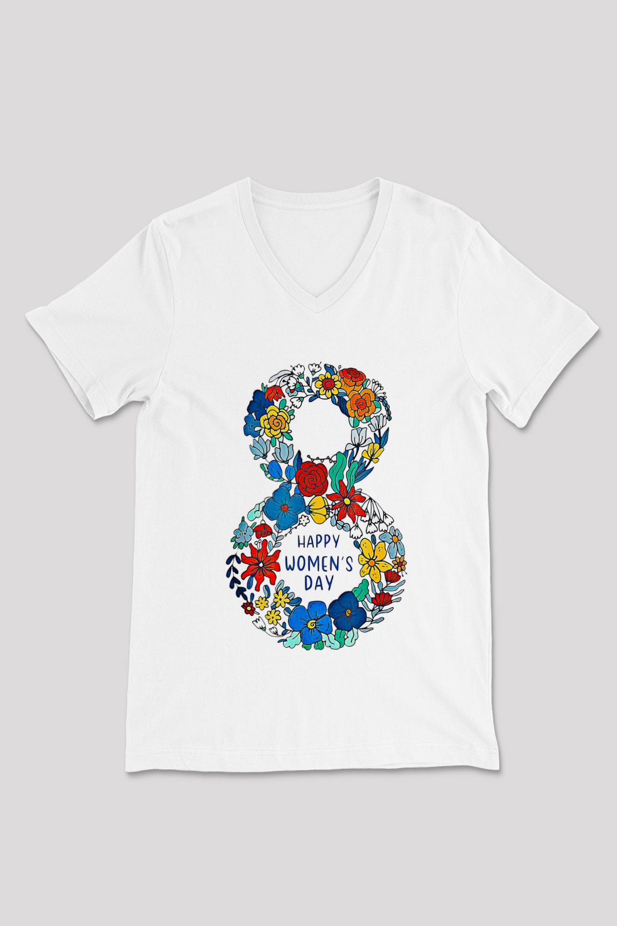 Kadınlar Günü Baskılı Beyaz Unisex V Yaka Tişört - Tshirt