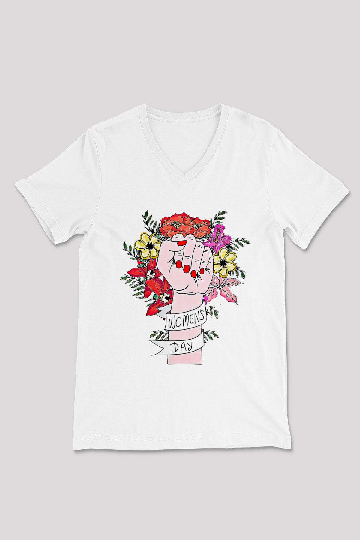 Kadınlar Günü Baskılı Beyaz Unisex V Yaka Tişört - Tshirt