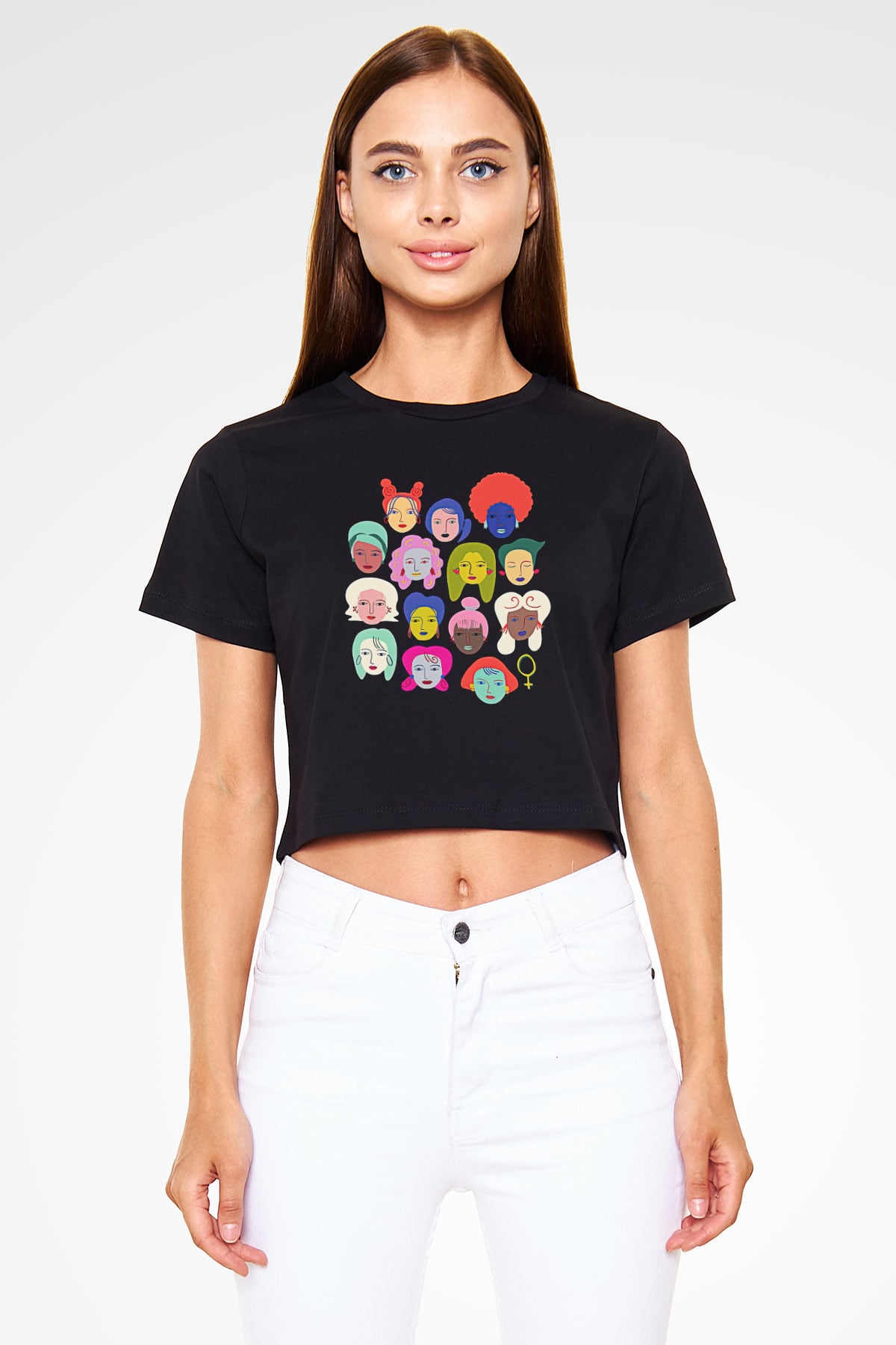 Kadınlar Günü Baskılı Siyah Crop Top Kadın Tişört - Tshirt