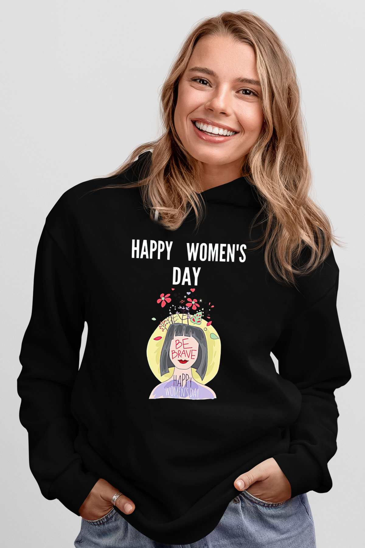 Kadınlar Günü Baskılı Unisex Siyah Hoodie