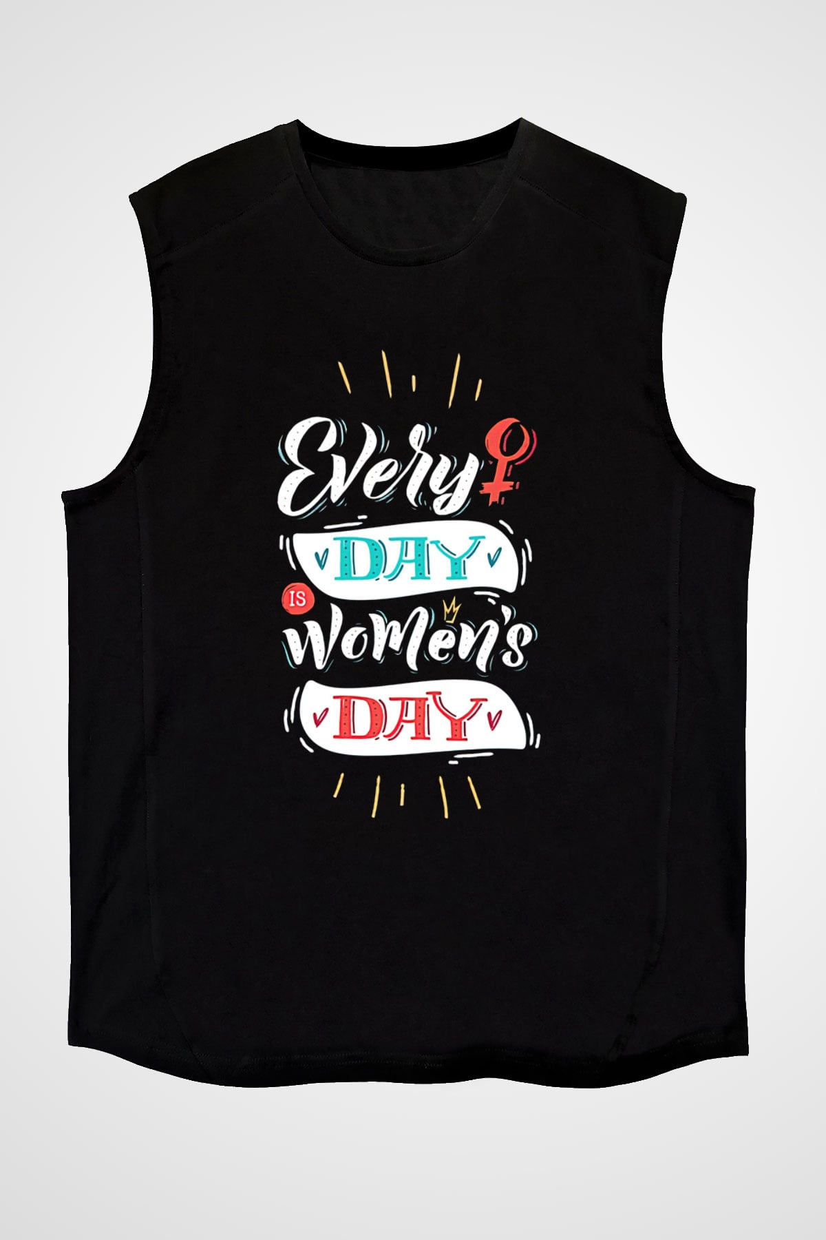 Kadınlar Günü Baskılı Unisex Siyah Kolsuz Tişört - Tshirt