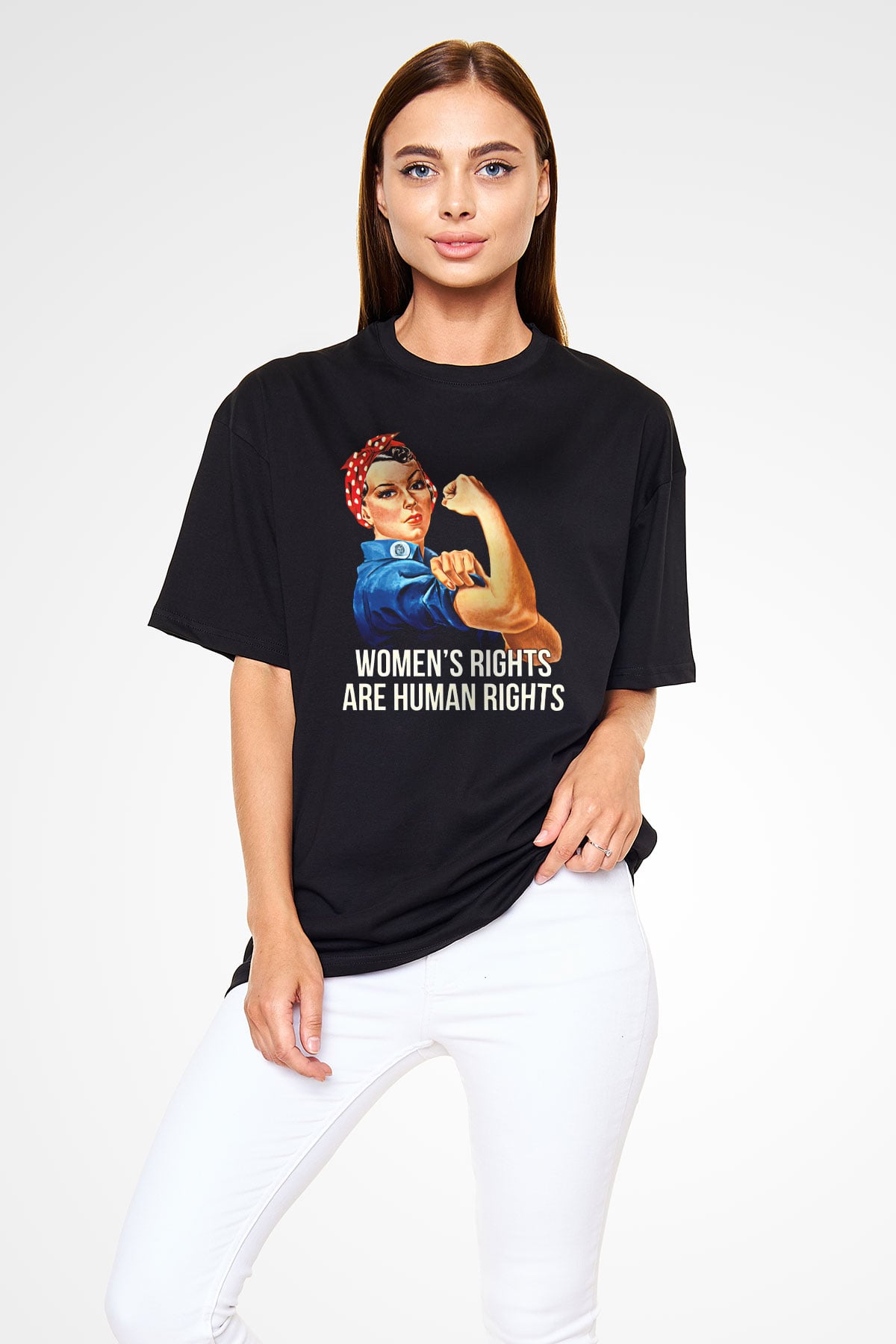 Kadınlar Günü Baskılı Unisex Siyah Oversize Tişört - Tshirt