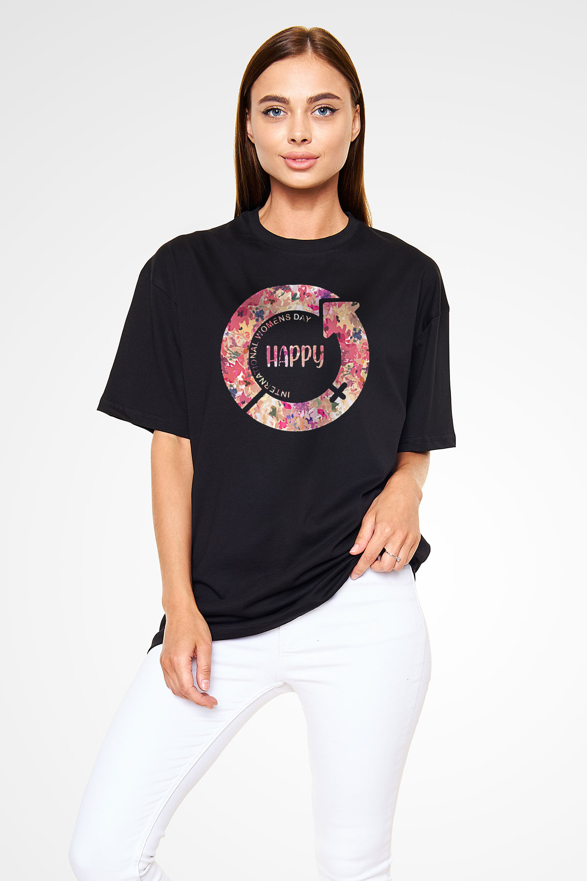Kadınlar Günü Baskılı Unisex Siyah Oversize Tişört - Tshirt