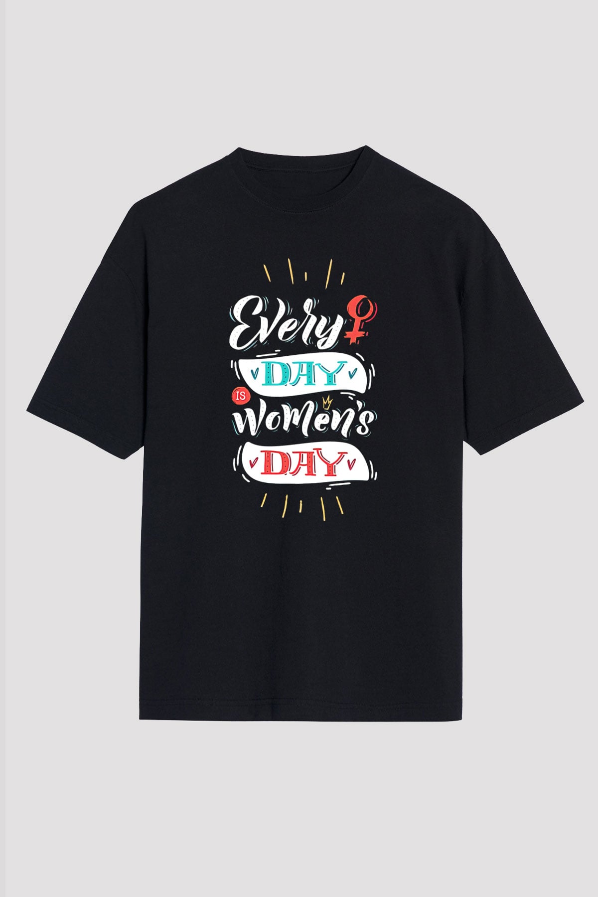 Kadınlar Günü Baskılı Unisex Siyah Oversize Tişört - Tshirt