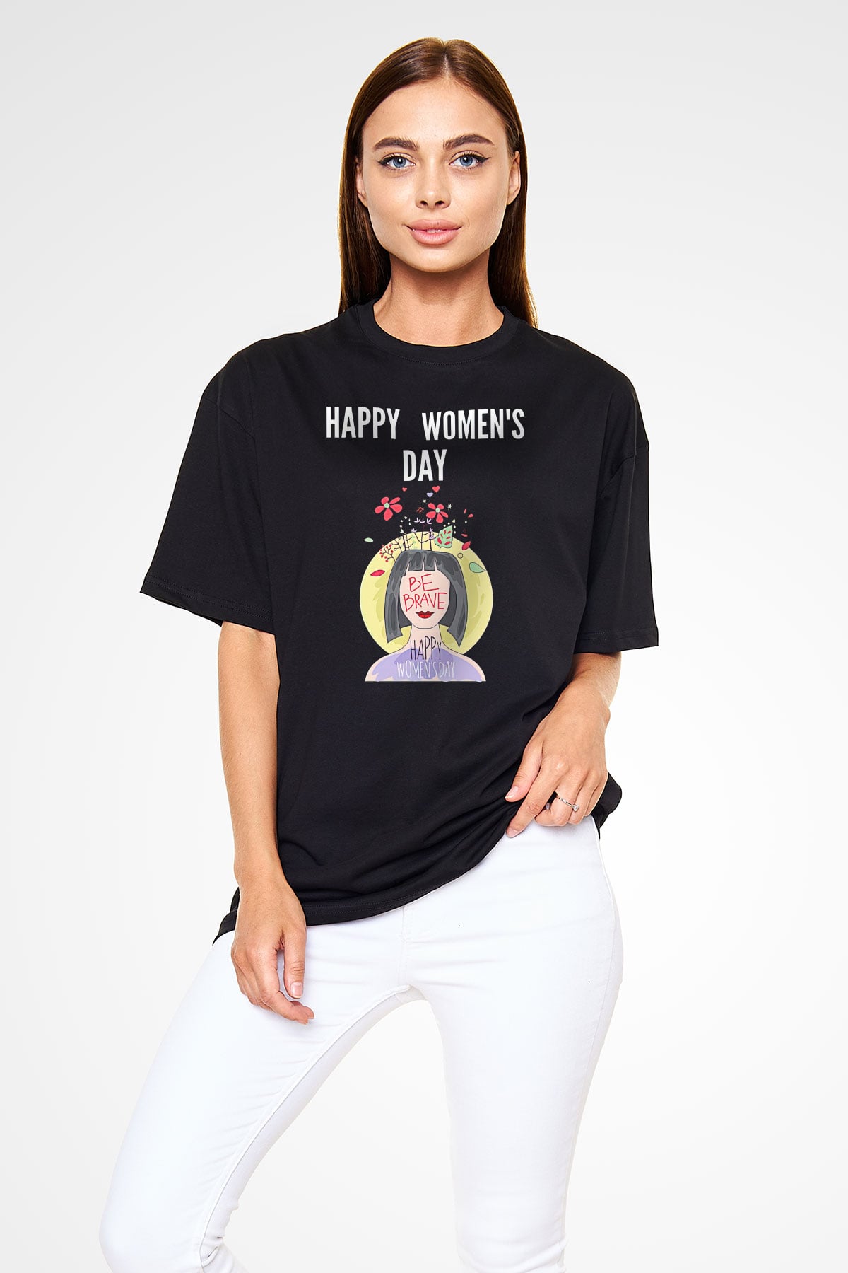 Kadınlar Günü Baskılı Unisex Siyah Oversize Tişört - Tshirt