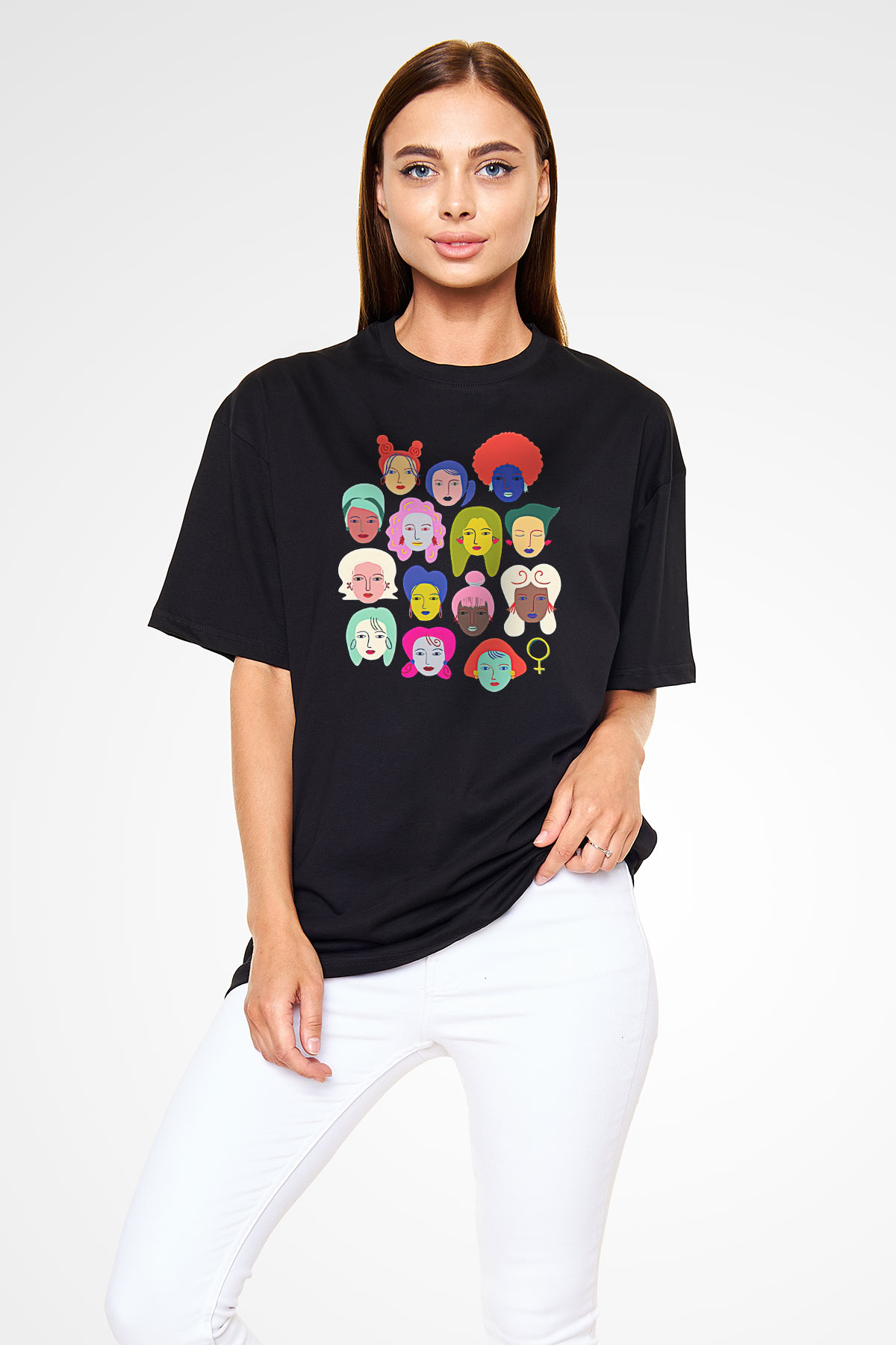 Kadınlar Günü Baskılı Unisex Siyah Oversize Tişört - Tshirt