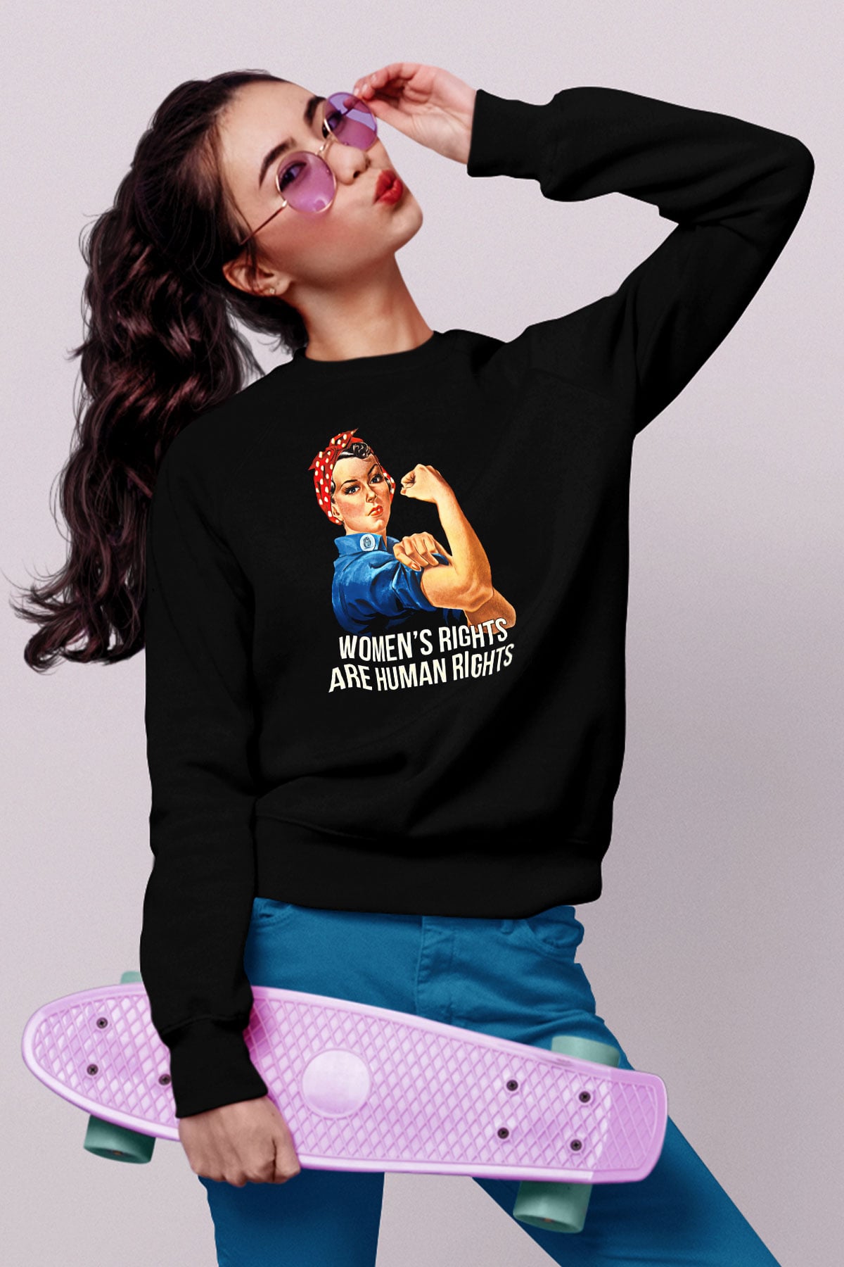 Kadınlar Günü Baskılı Unisex Siyah Sweatshirt