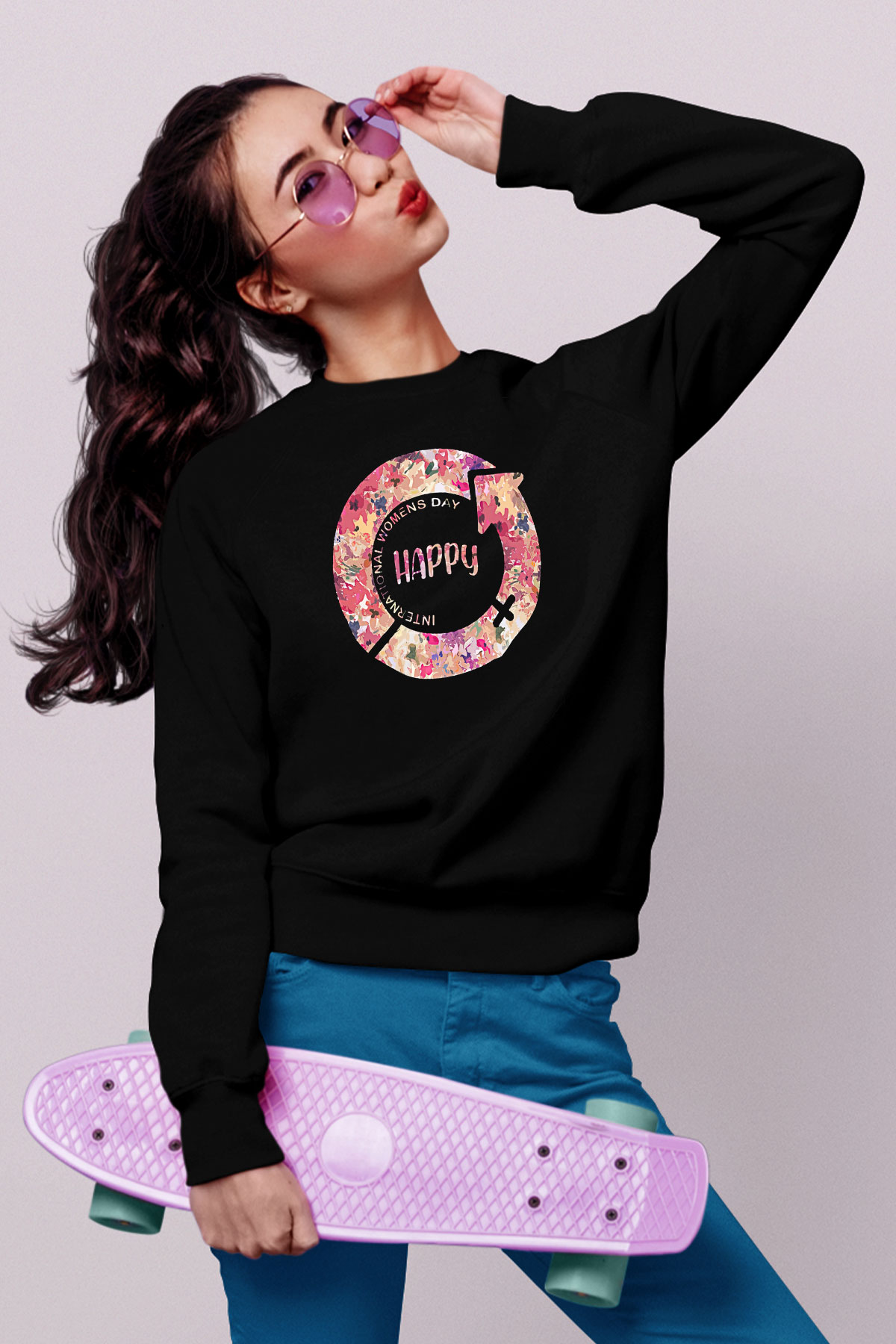 Kadınlar Günü Baskılı Unisex Siyah Sweatshirt