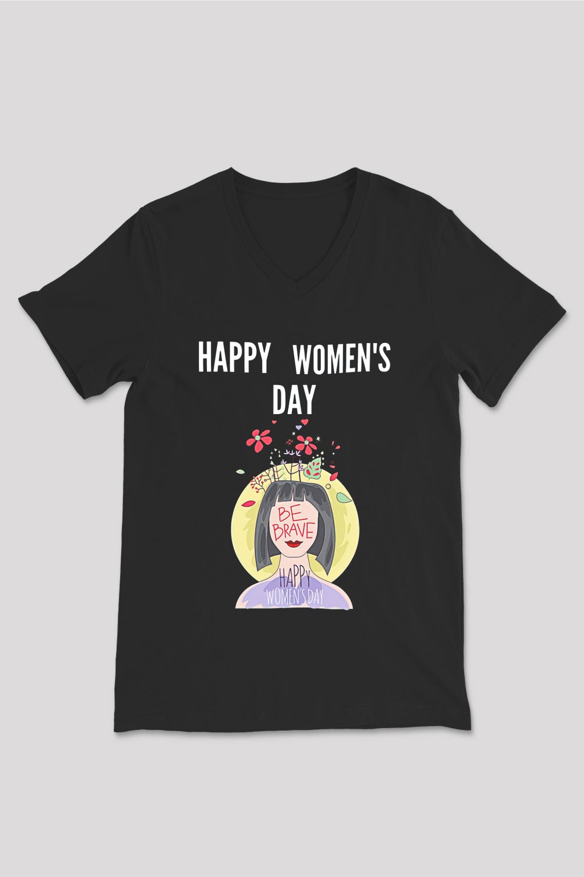 Kadınlar Günü Baskılı Unisex Siyah V Yaka Tişört - Tshirt