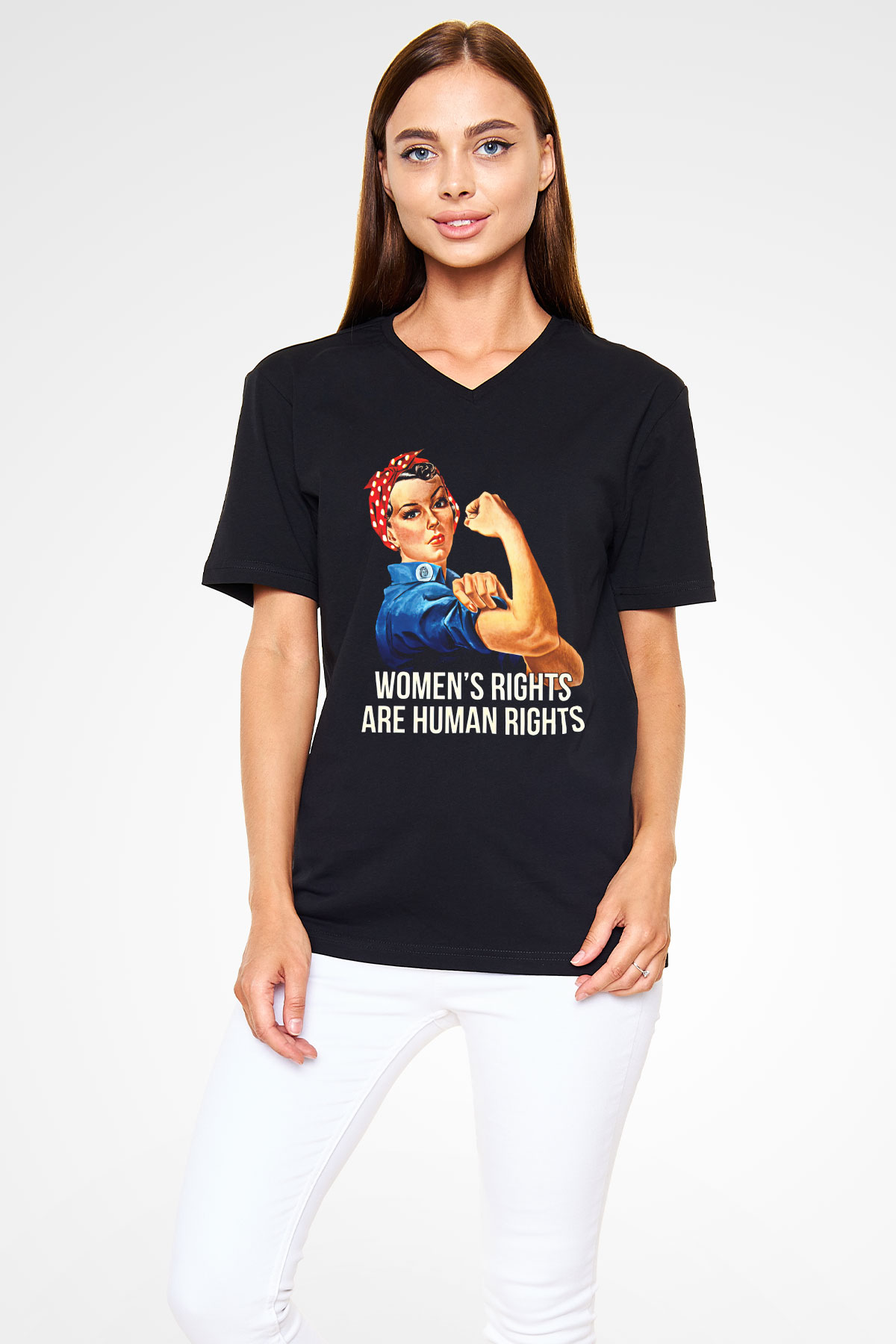 Kadınlar Günü Baskılı Unisex Siyah V Yaka Tişört - Tshirt
