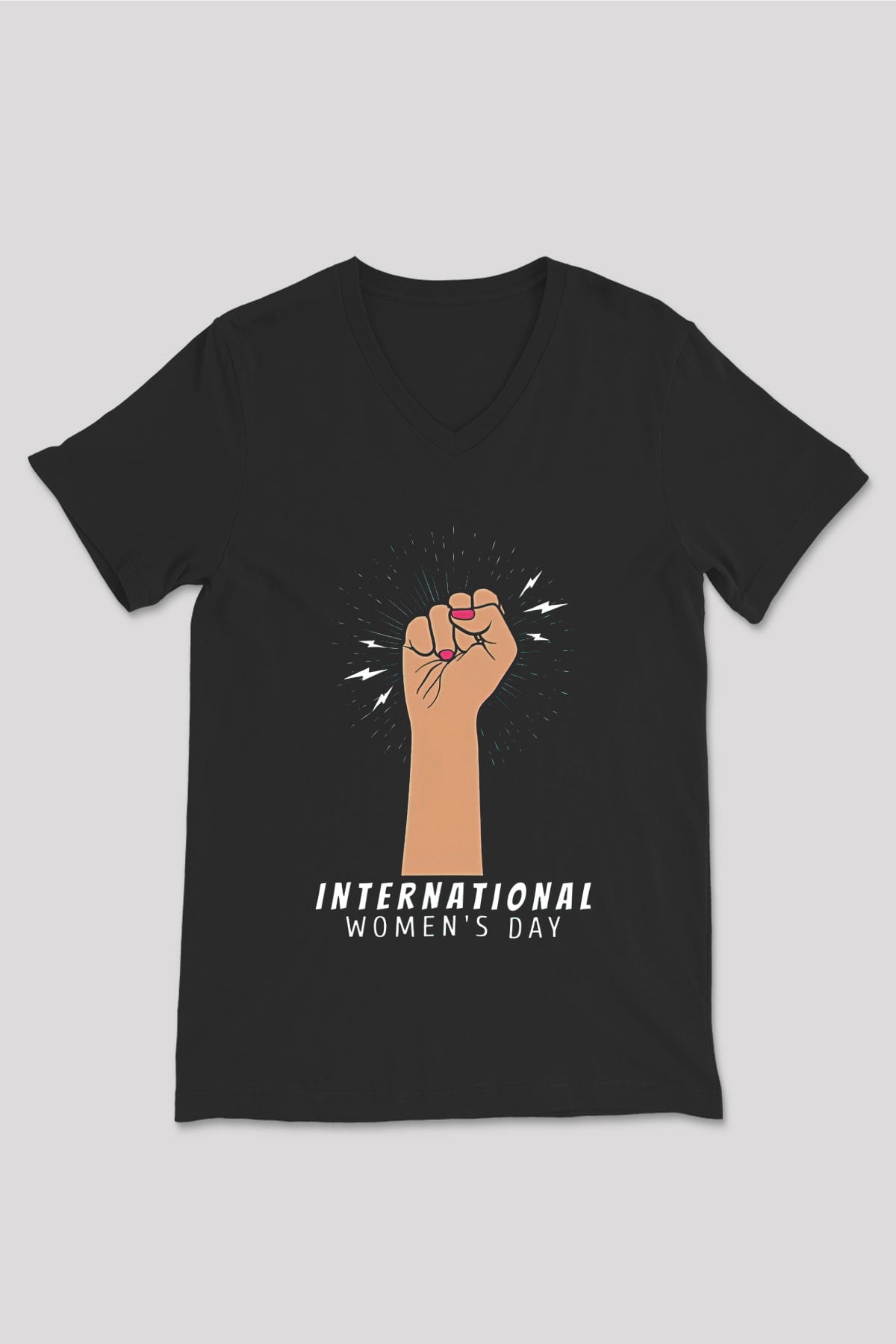 Kadınlar Günü Baskılı Unisex Siyah V Yaka Tişört - Tshirt