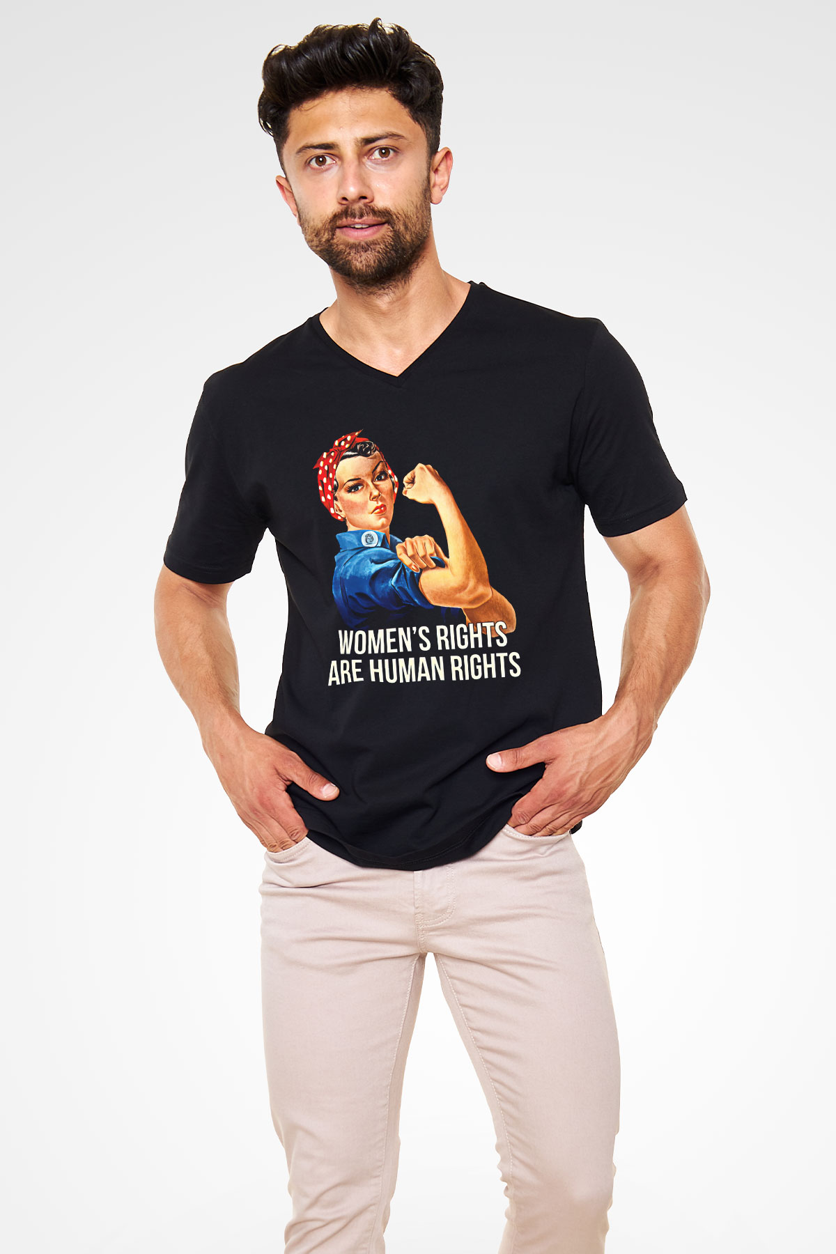 Kadınlar Günü Baskılı Unisex Siyah V Yaka Tişört - Tshirt
