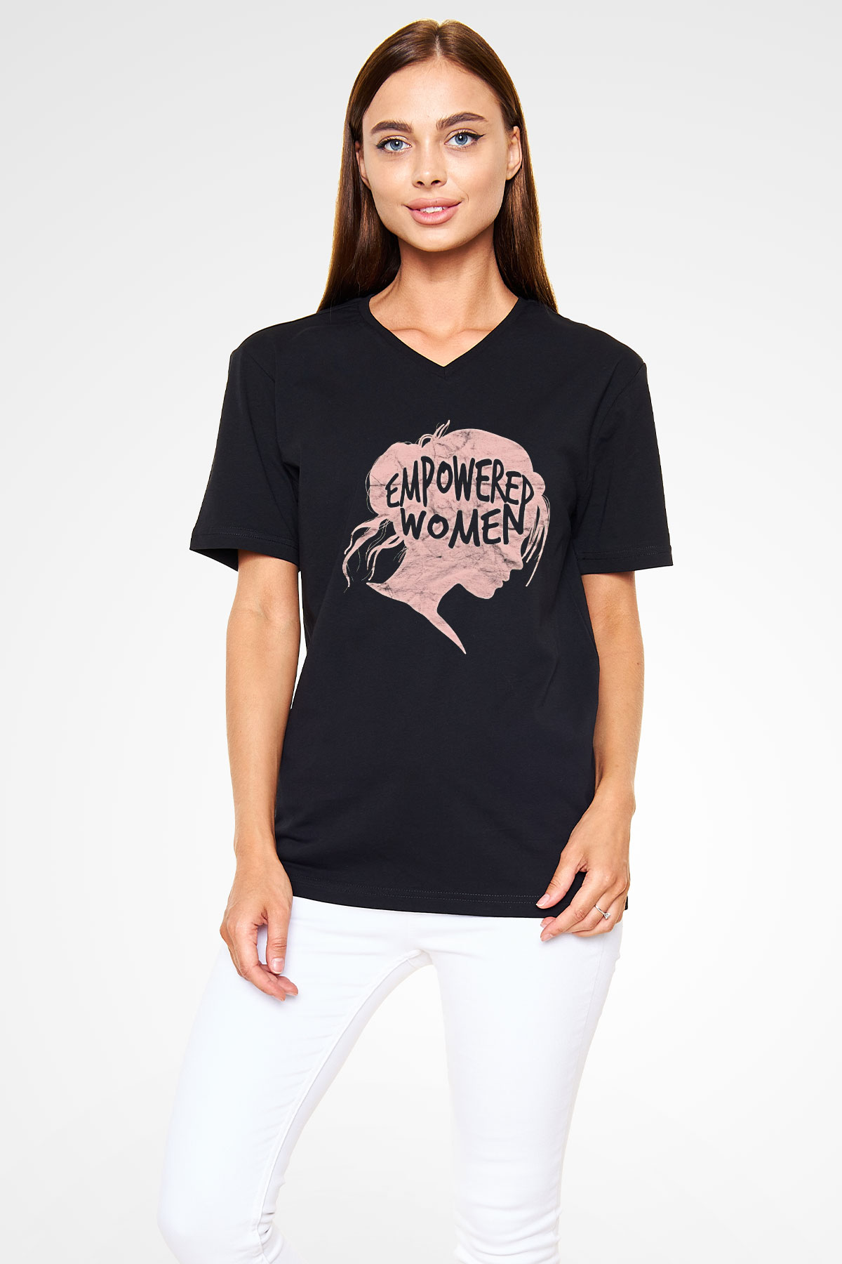 Kadınlar Günü Baskılı Unisex Siyah V Yaka Tişört - Tshirt