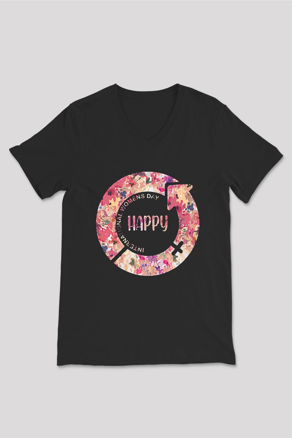 Kadınlar Günü Baskılı Unisex Siyah V Yaka Tişört - Tshirt