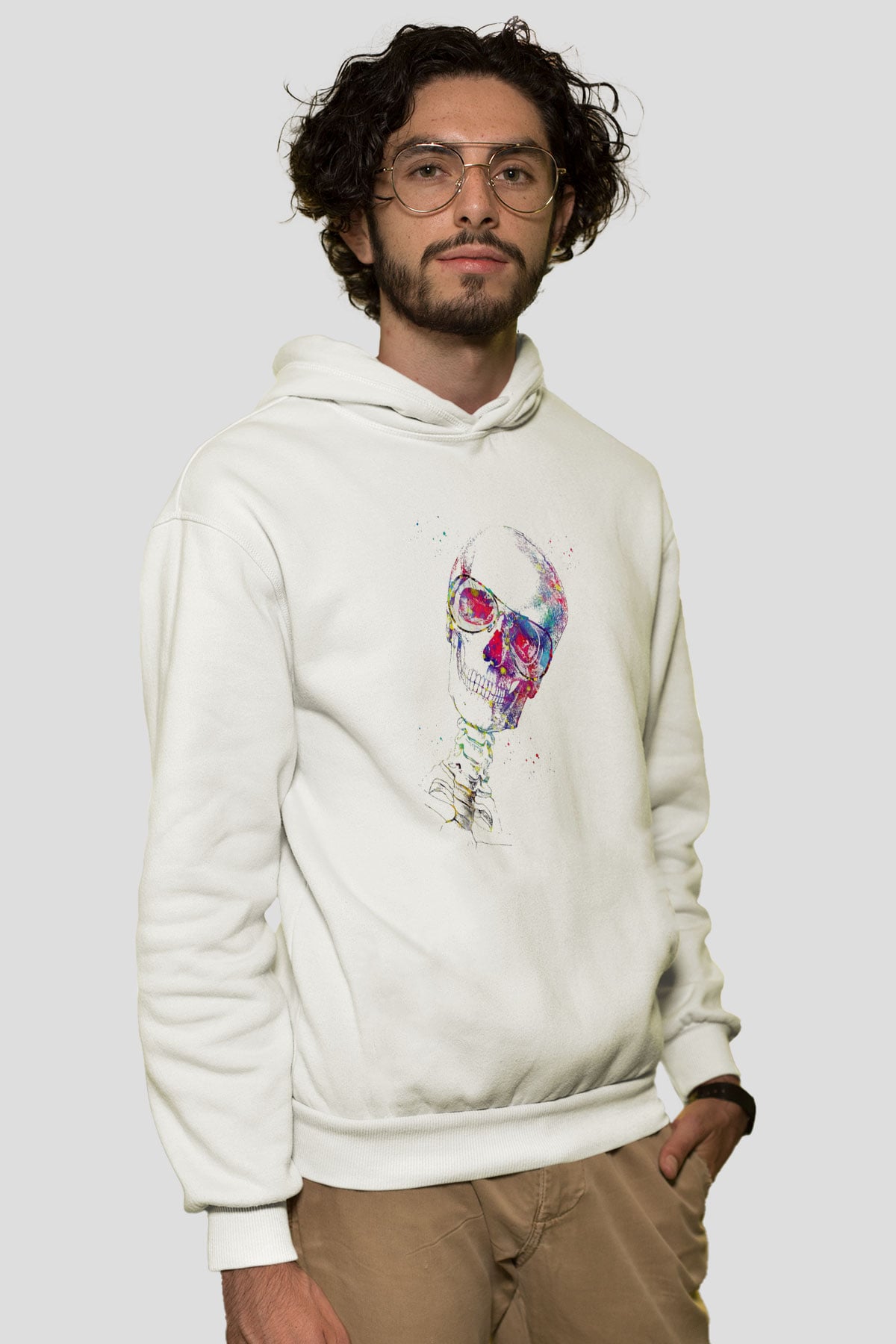 Kafatası Anatomi Baskılı Unisex Ekru Hoodie