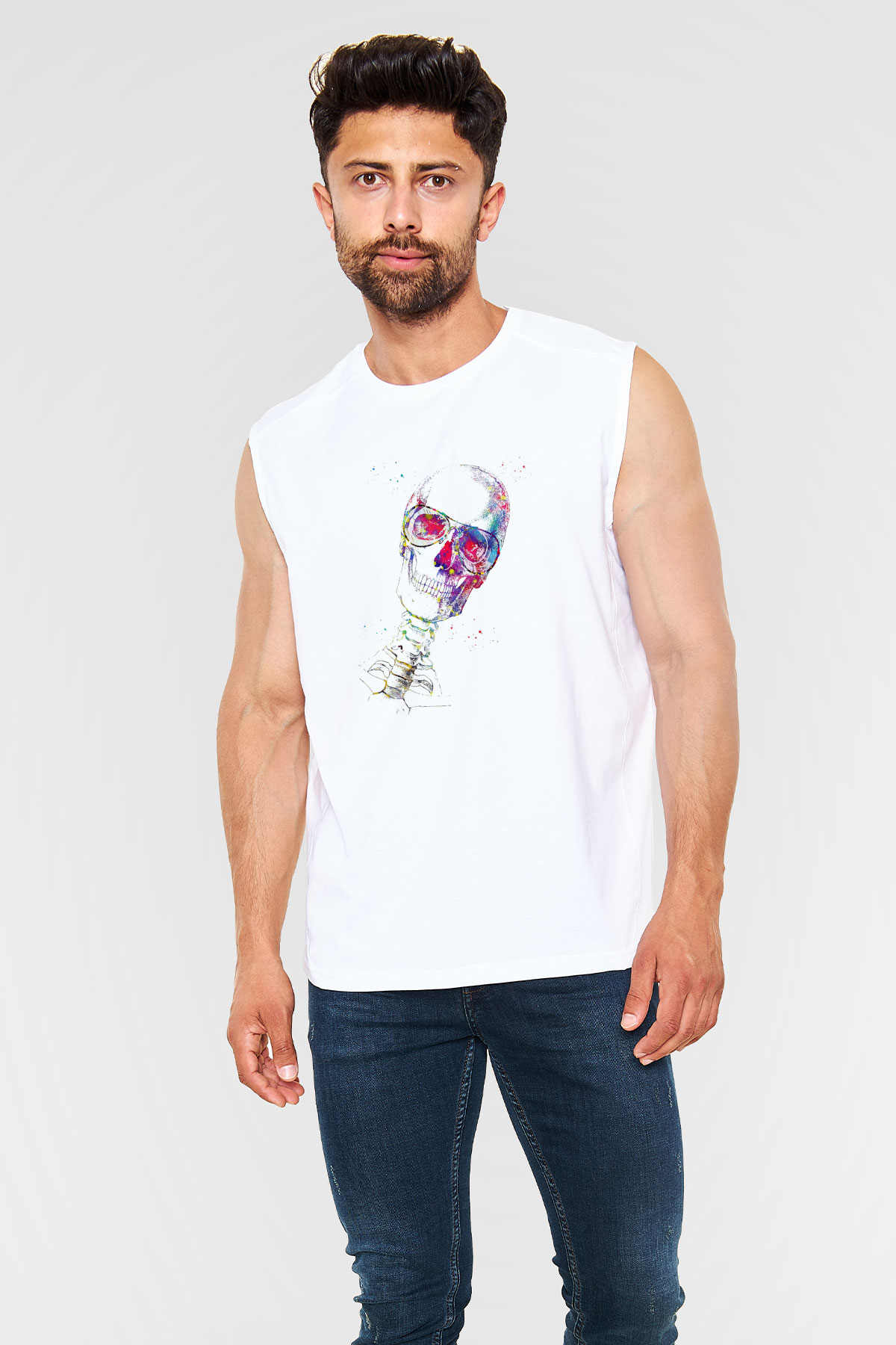 Kafatası Anatomi Baskılı Unisex Kolsuz Beyaz Tişört - Tshirt