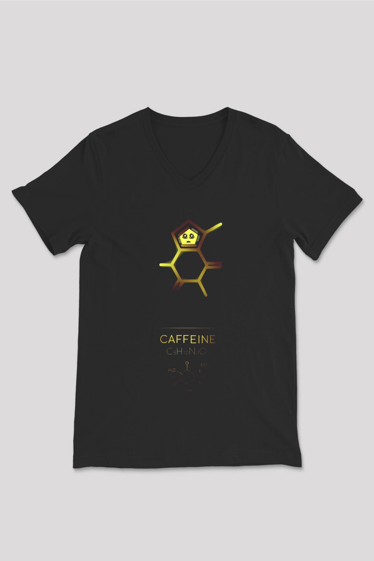 Kafein Molekülü Baskılı Unisex V Yaka Siyah Tİşört - Tshirt