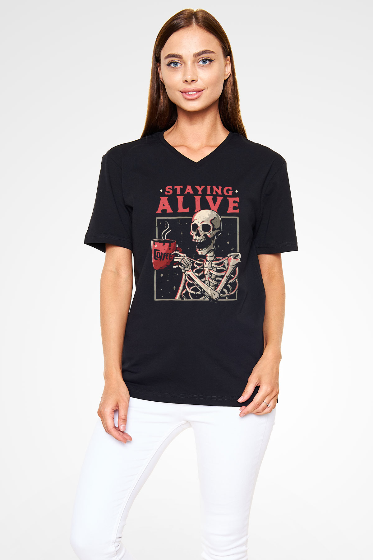 Kahve İçen İskelet Baskılı Unisex Siyah  V Yaka Tişört