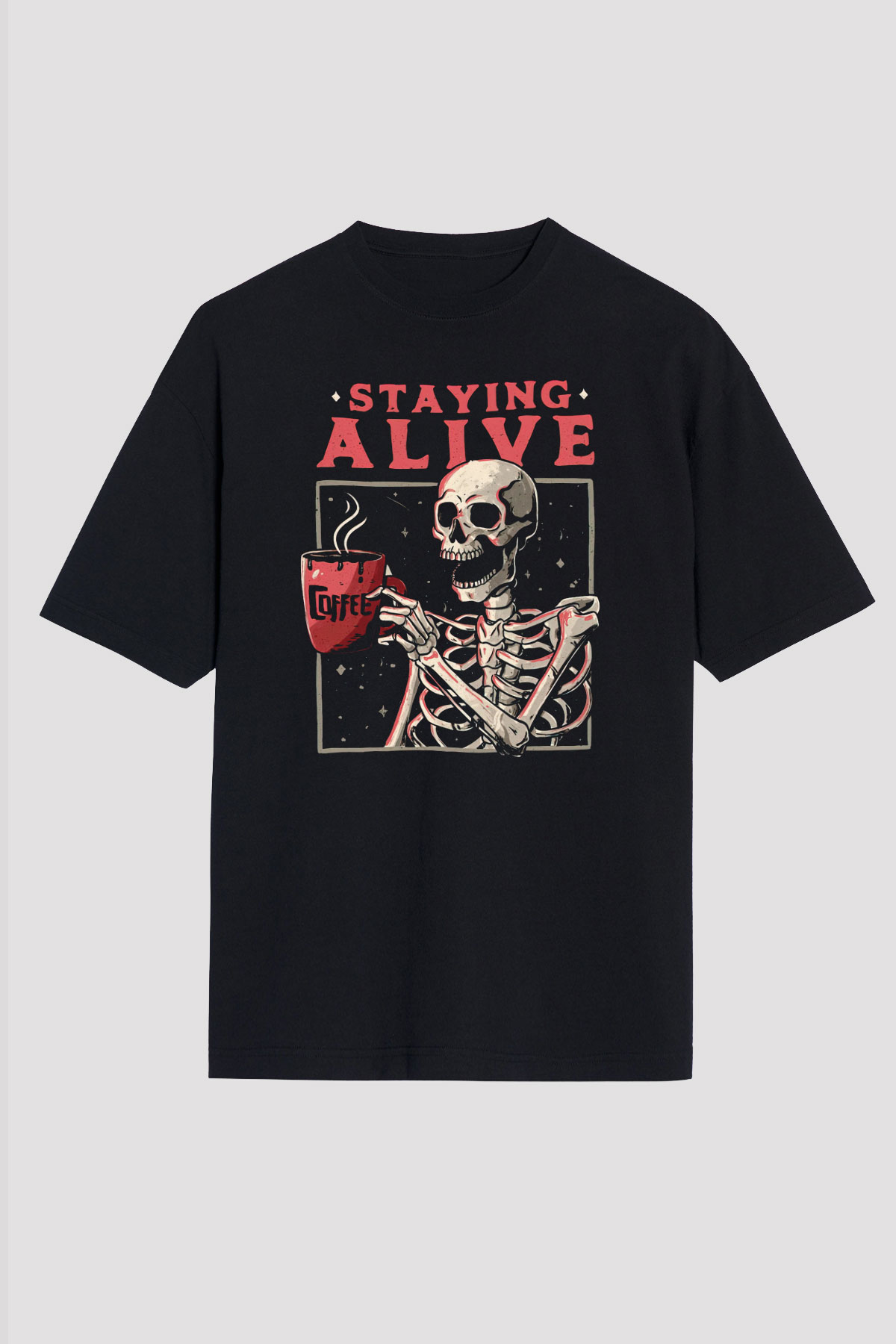 Kahve İçen İskelet Baskılı Unisex Siyah Tişört