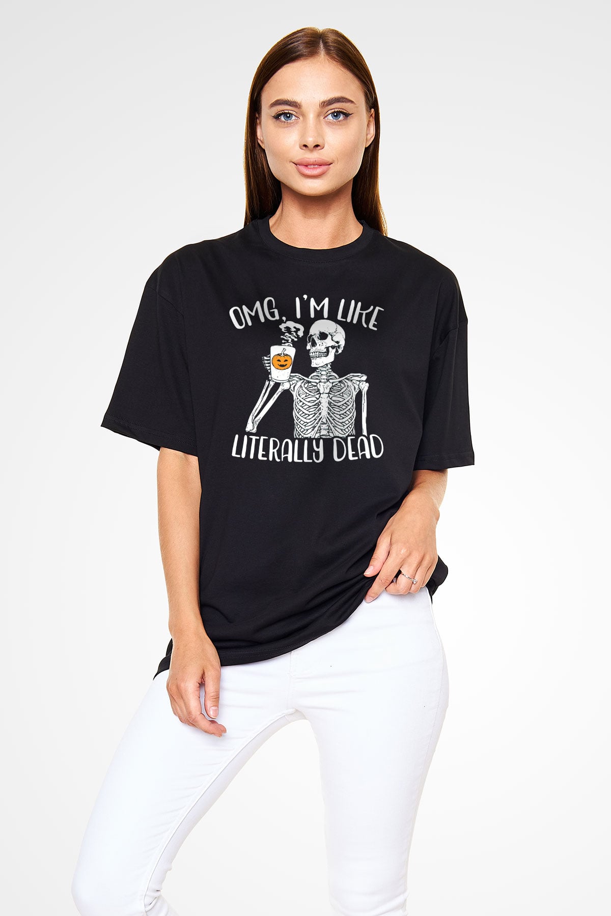 Kahve İçen İskelet Baskılı Unisex Siyah Tişört