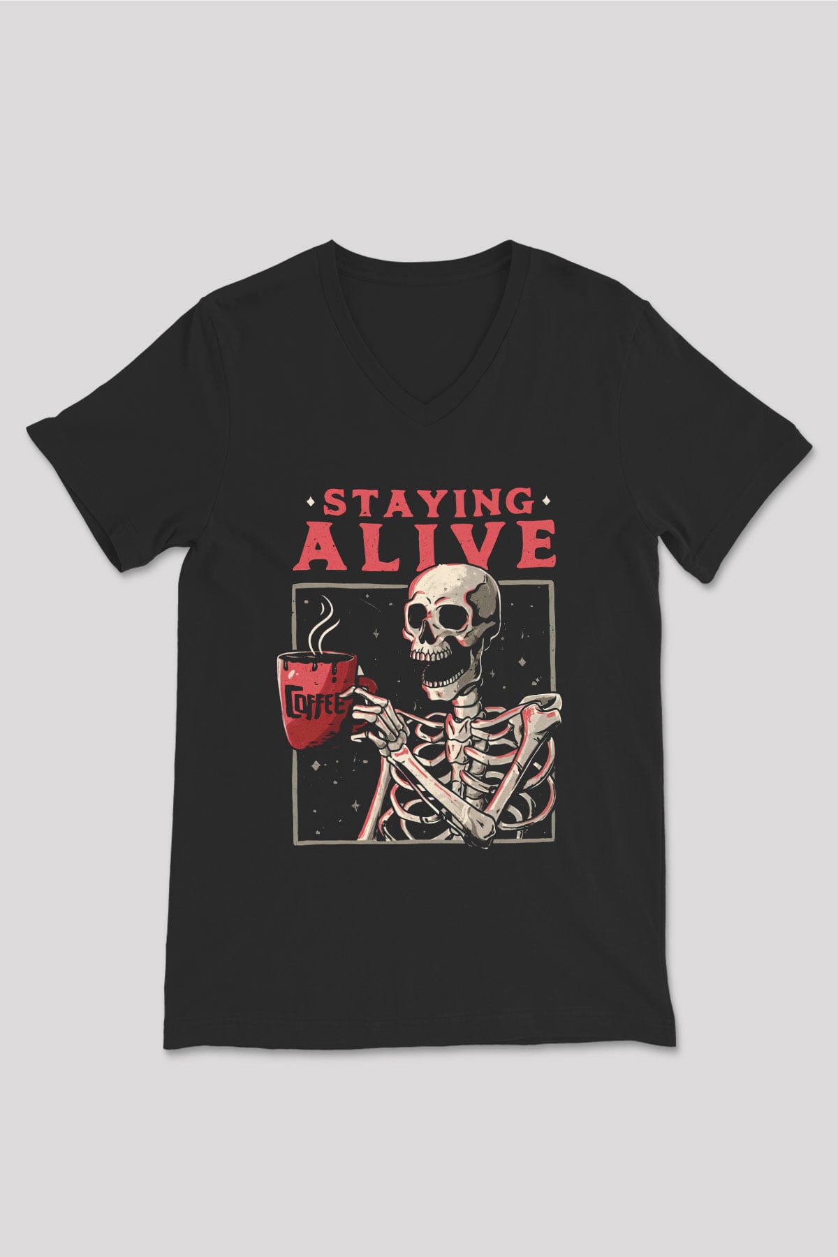 Kahve İçen İskelet Baskılı Unisex Siyah  V Yaka Tişört