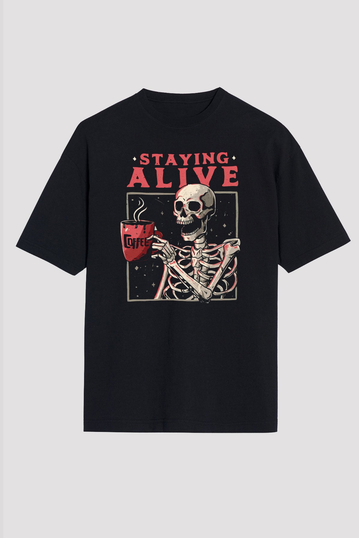 Kahve İçen İskelet Baskılı Unisex Siyah Tişört