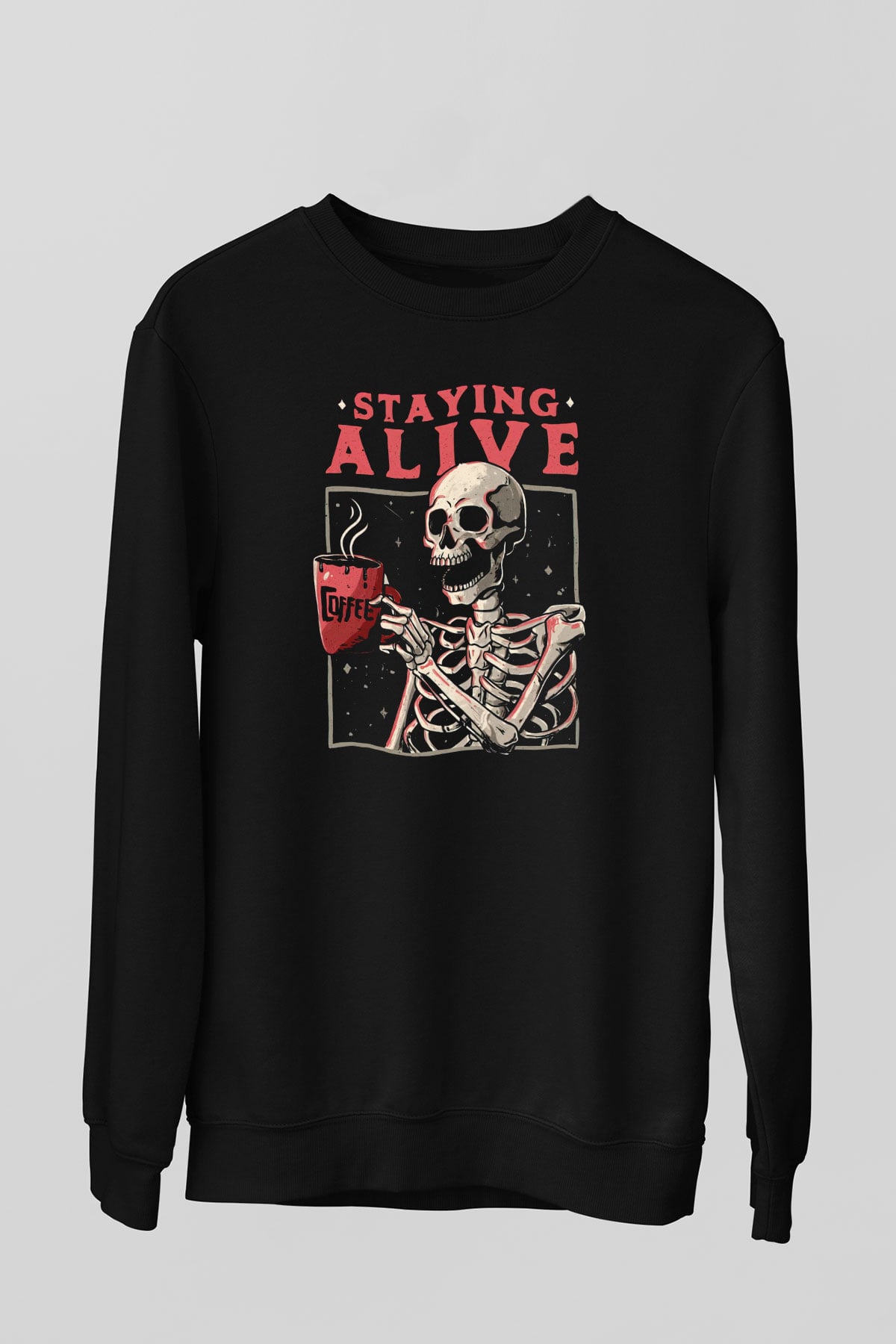 Kahve İçen İskelet Baskılı Unisex Siyah  Sweatshirt