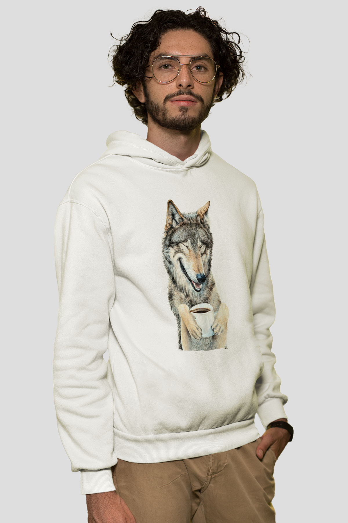 Kahve İçen KurtBeyaz  Unisex Hoodie