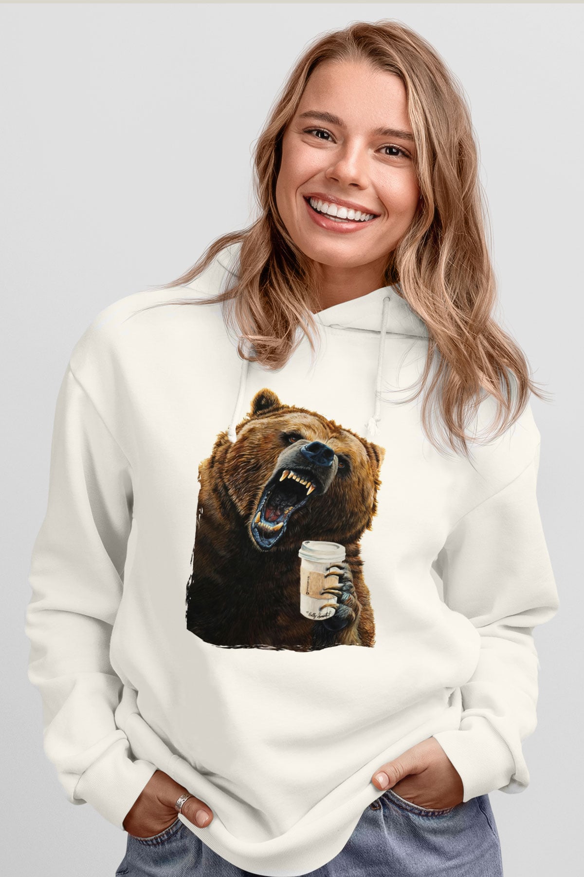 Kahve İçen Sinirli Ayı Beyaz  Unisex Hoodie