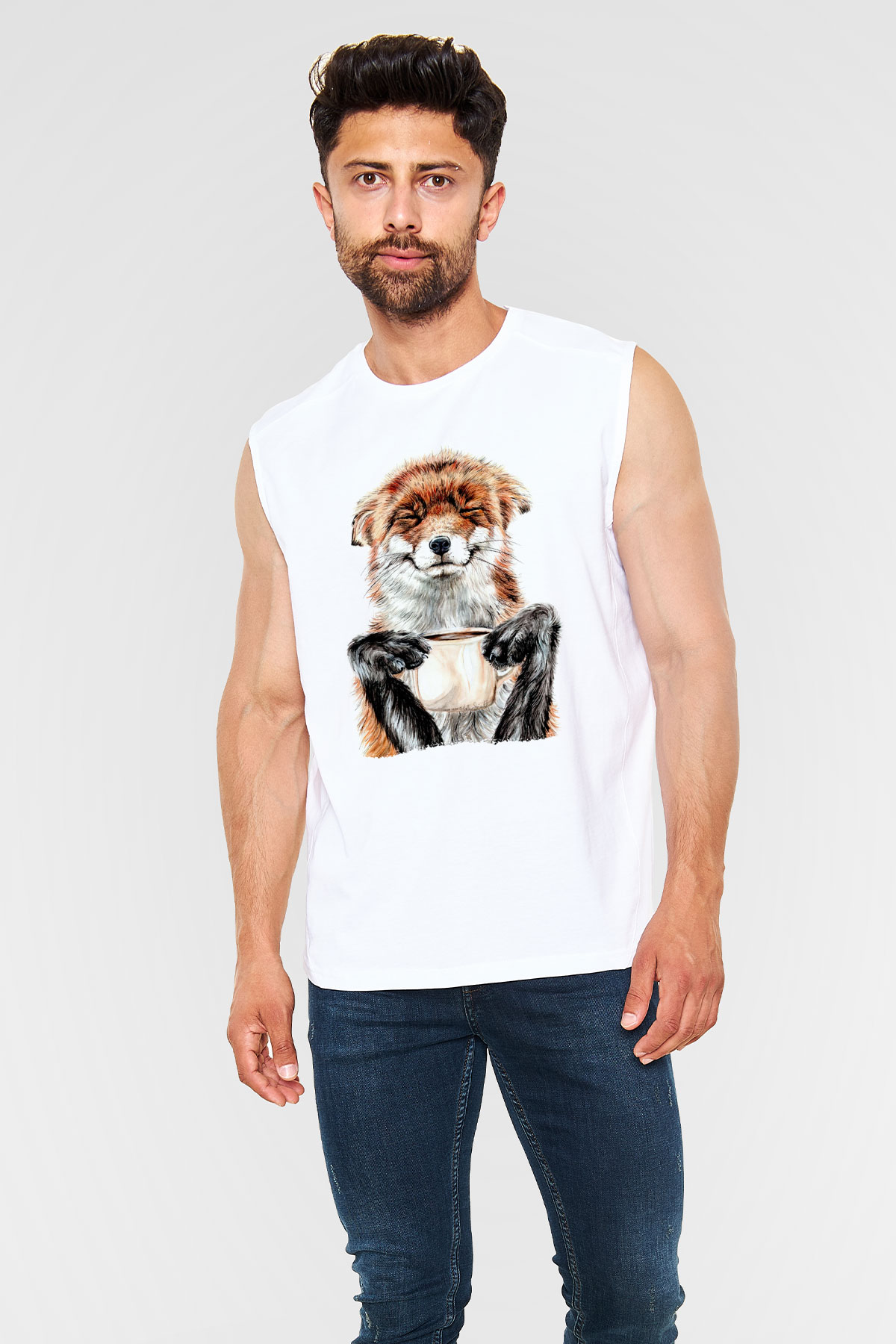 Kahve Kolik Baskılı Unisex Beyaz  Kolsuz Tişört
