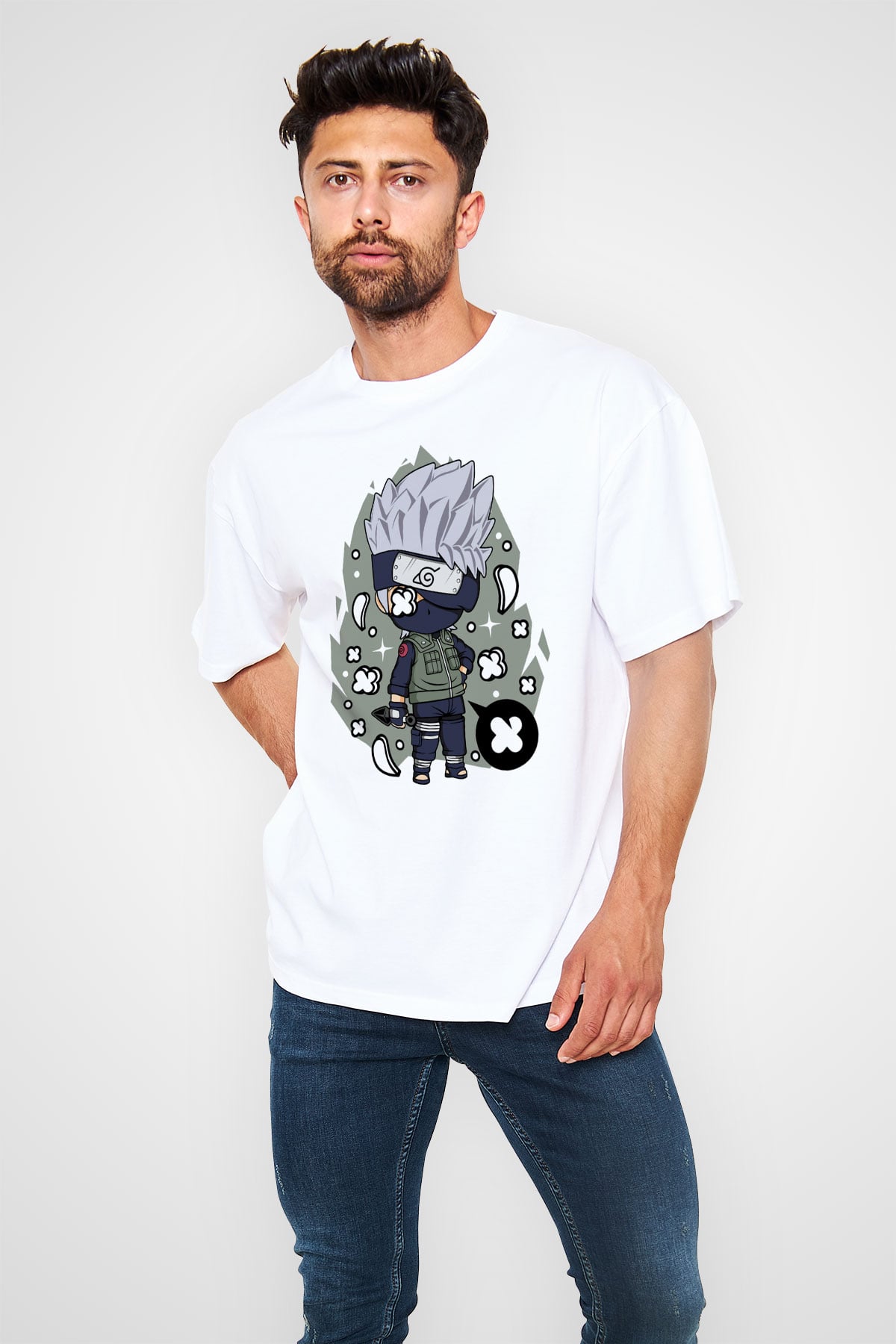 Kakashi Baskılı Beyaz Unisex Oversize Tişört