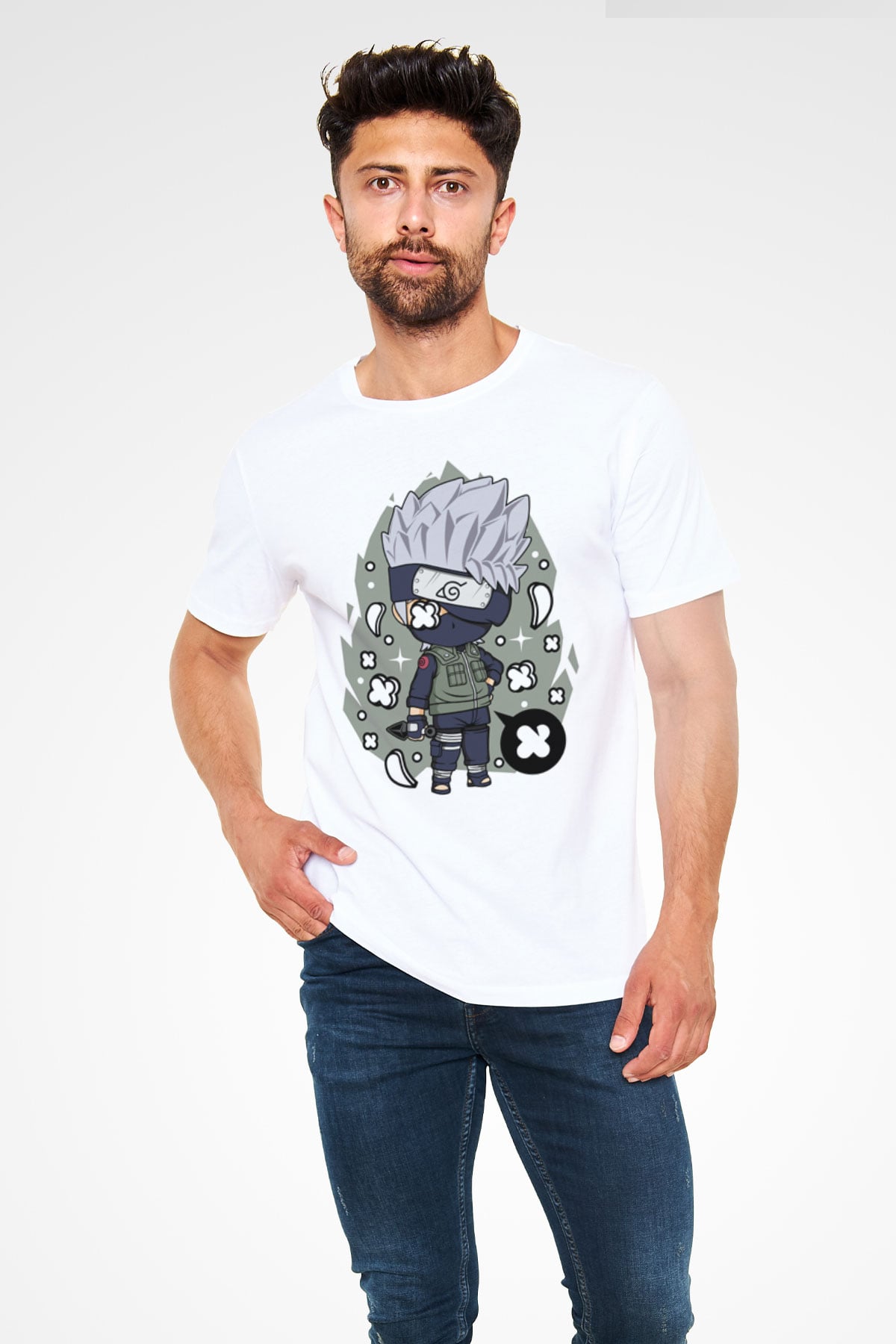 Kakashi Baskılı Beyaz Unisex Tişört