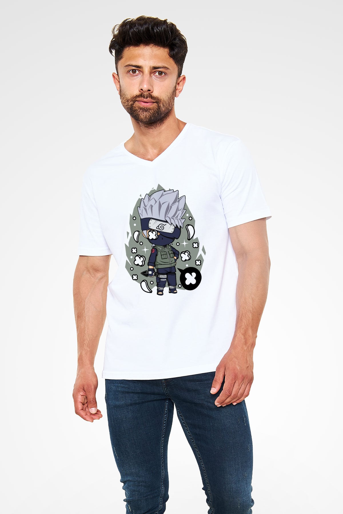 Kakashi Baskılı Beyaz Unisex V Yaka Tişört