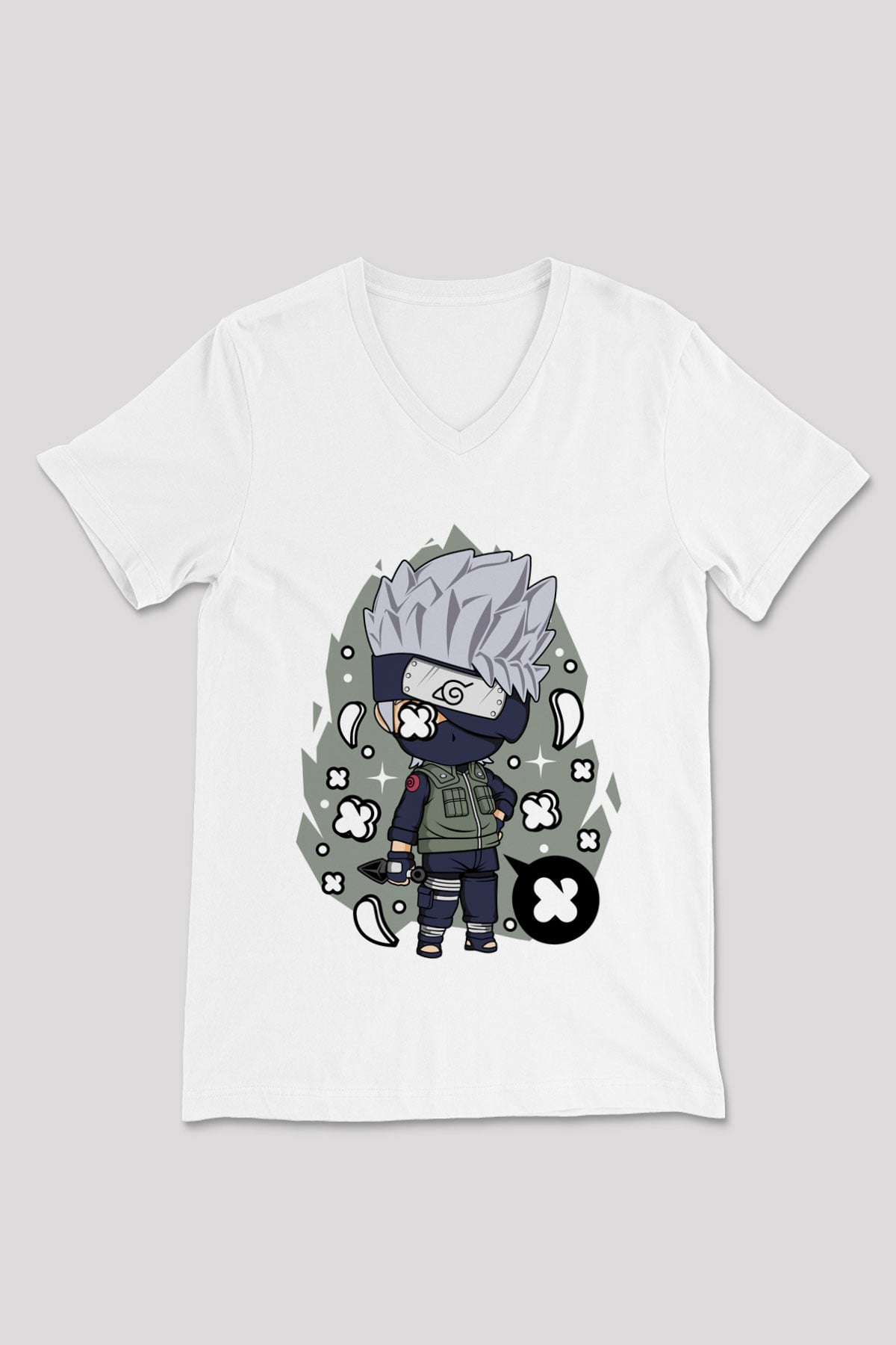 Kakashi Baskılı Beyaz Unisex V Yaka Tişört