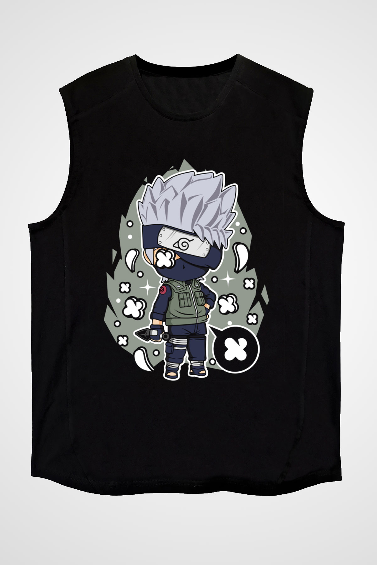 Kakashi Baskılı Unisex Siyah Kolsuz Tişört