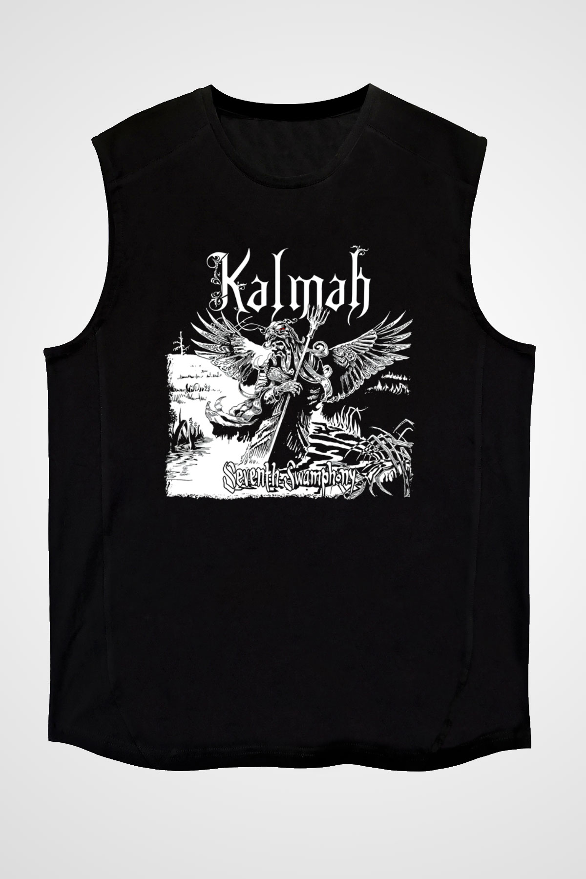 Kalmah Baskılı Unisex Siyah Kolsuz Tişört - Tshirt