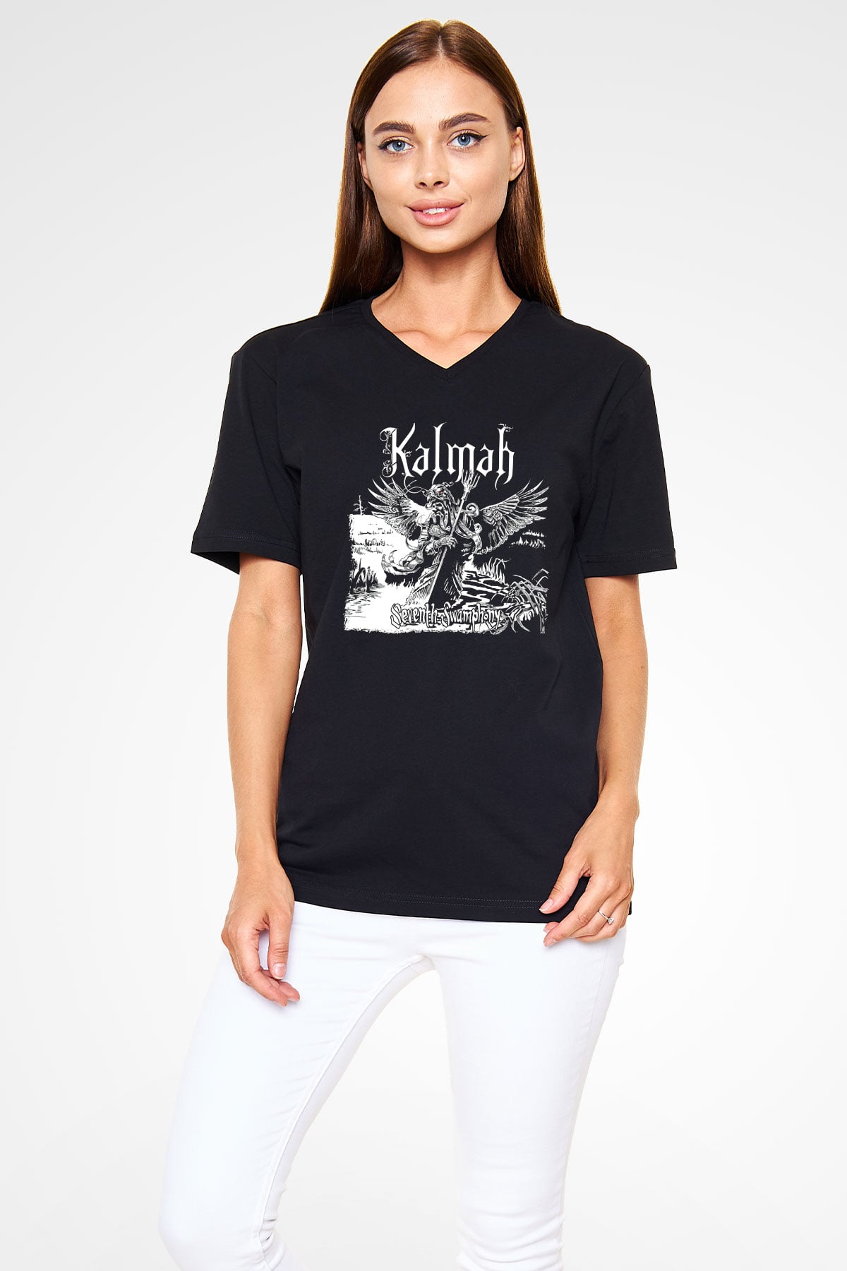 Kalmah Baskılı Unisex Siyah V Yaka Tişört - Tshirt