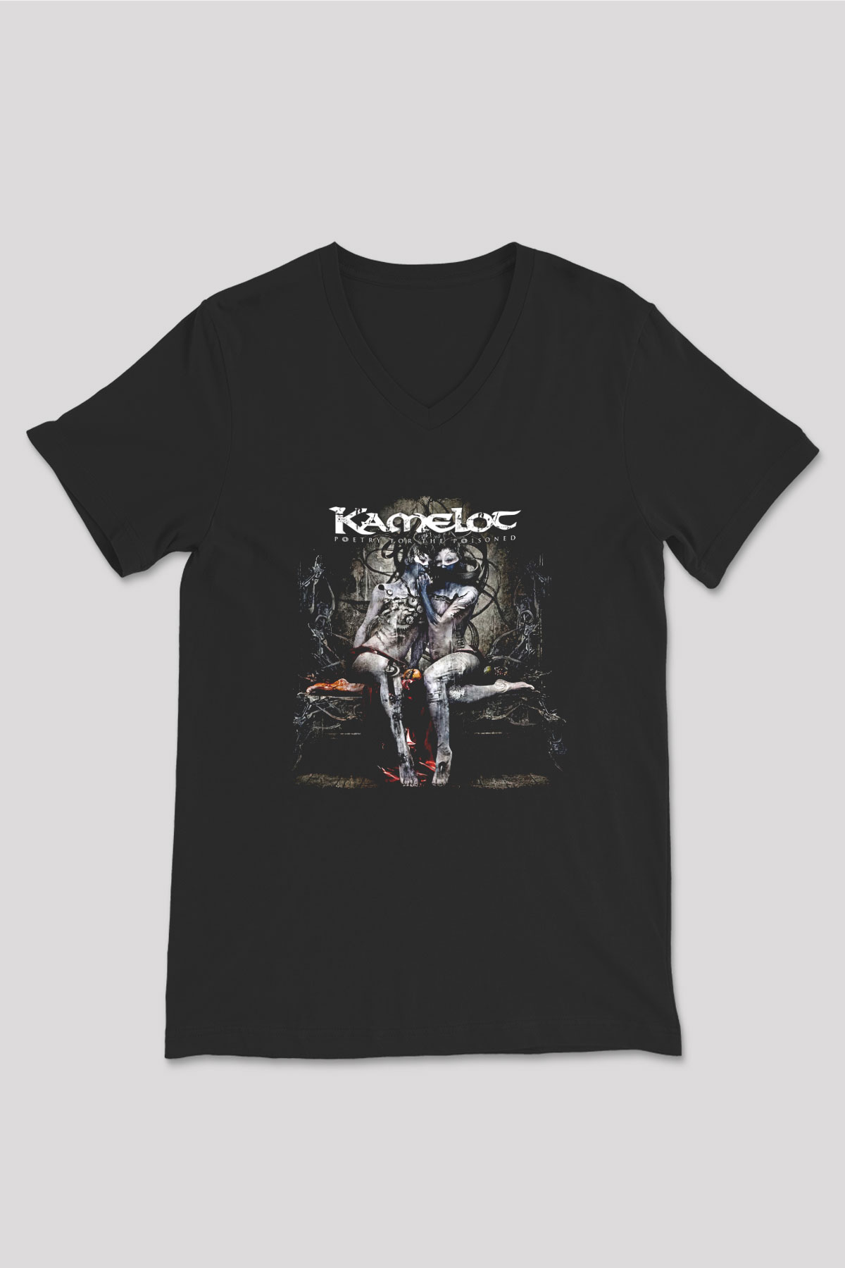 Kamelot Baskılı Unisex Siyah V Yaka Tişört - Tshirt